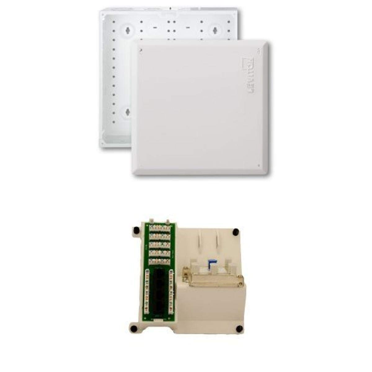 1 x 4 Combo Bridged Phone and Data Board with 6-Way Video Splitter - 14-Inch Structured Media Enclosure & Flush Mount Cover (White) - Perfect for Home Theater, Office Networking & Smart Home Installations