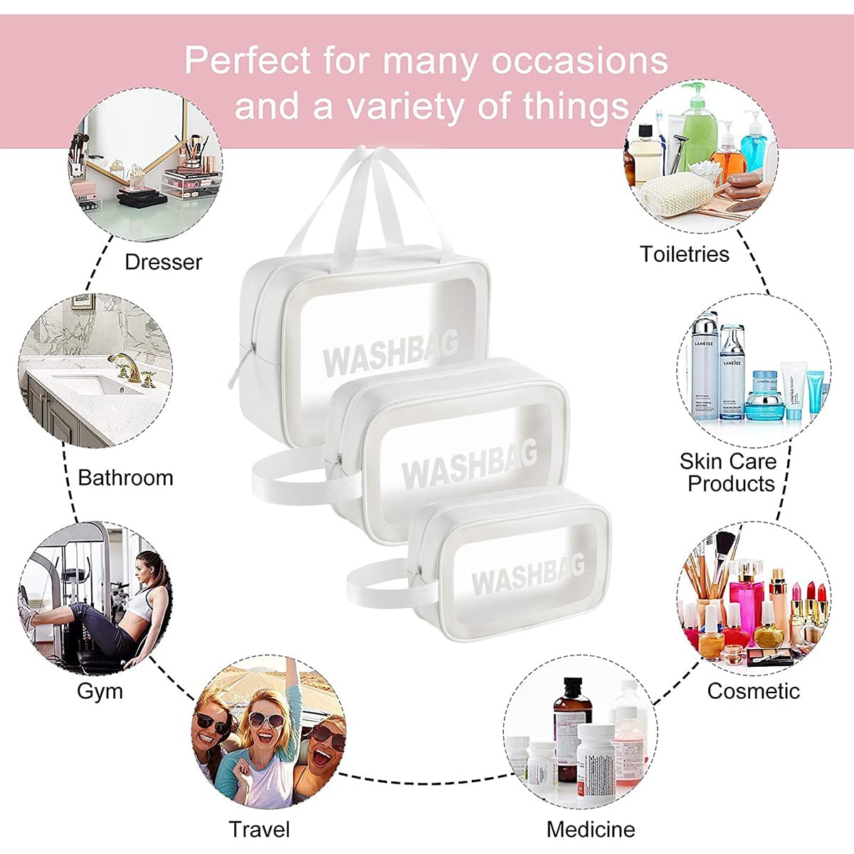 Clear Travel Toiletry Bag Set - 3 Pack Transparent Cosmetic & Makeup Organizer for Women | TSA Approved Waterproof Wash Bags for Air Travel, Gym, Beach & Vacation (White)