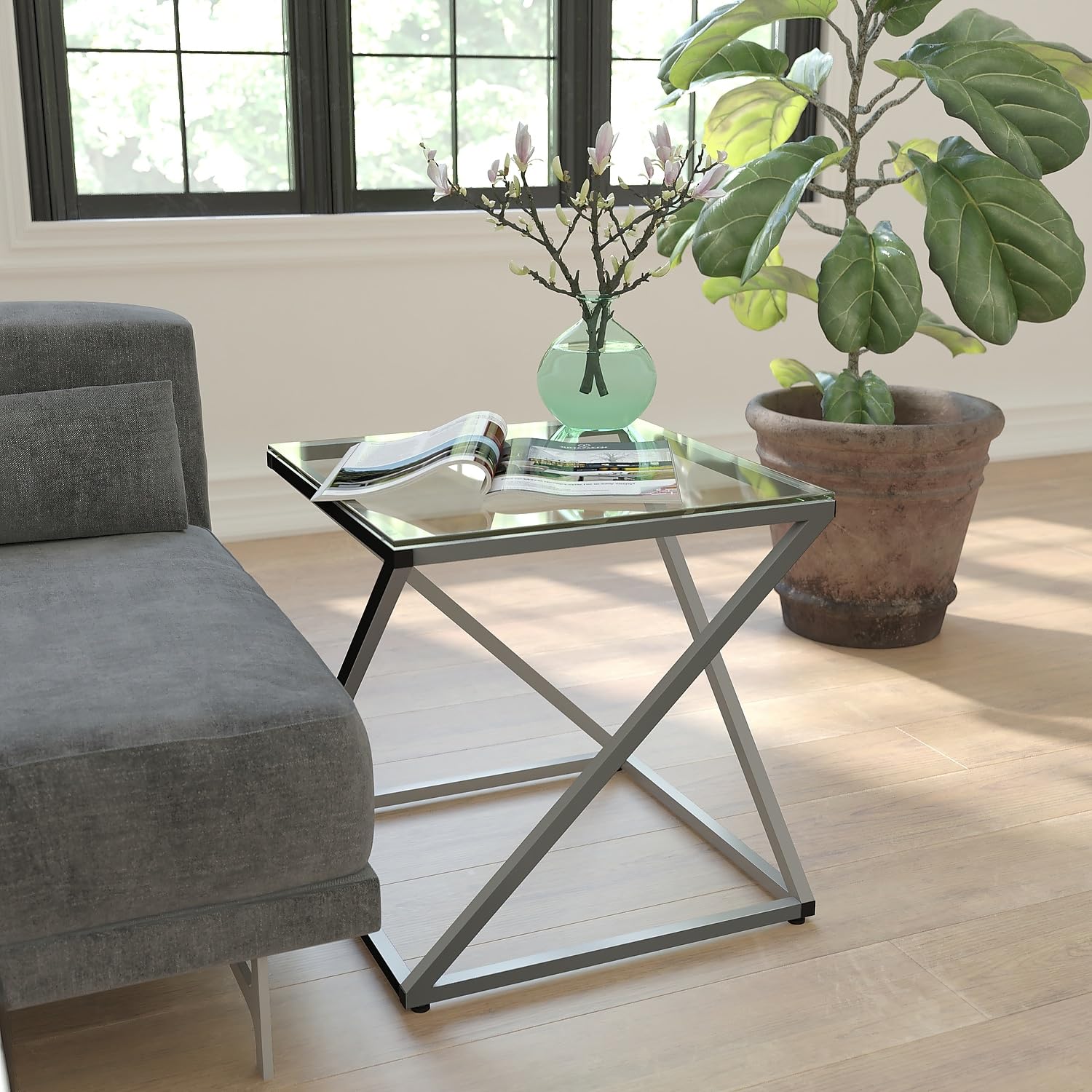 Flash Furniture Park Avenue Collection Glass End Table with Contemporary Steel Design - Clear/Silver - Modern Living Room & Office Accent Table