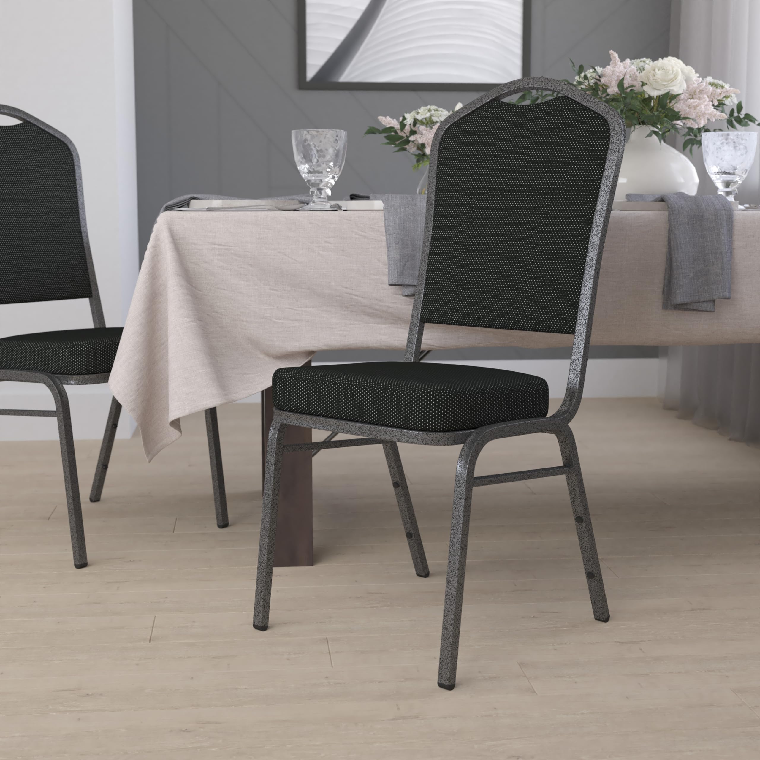 EMMA + OLIVER Crown Back Banquet Chair - Black Dot Fabric with Silver Vein Frame - Elegant Dining Chairs for Wedding, Restaurant, and Home Decor