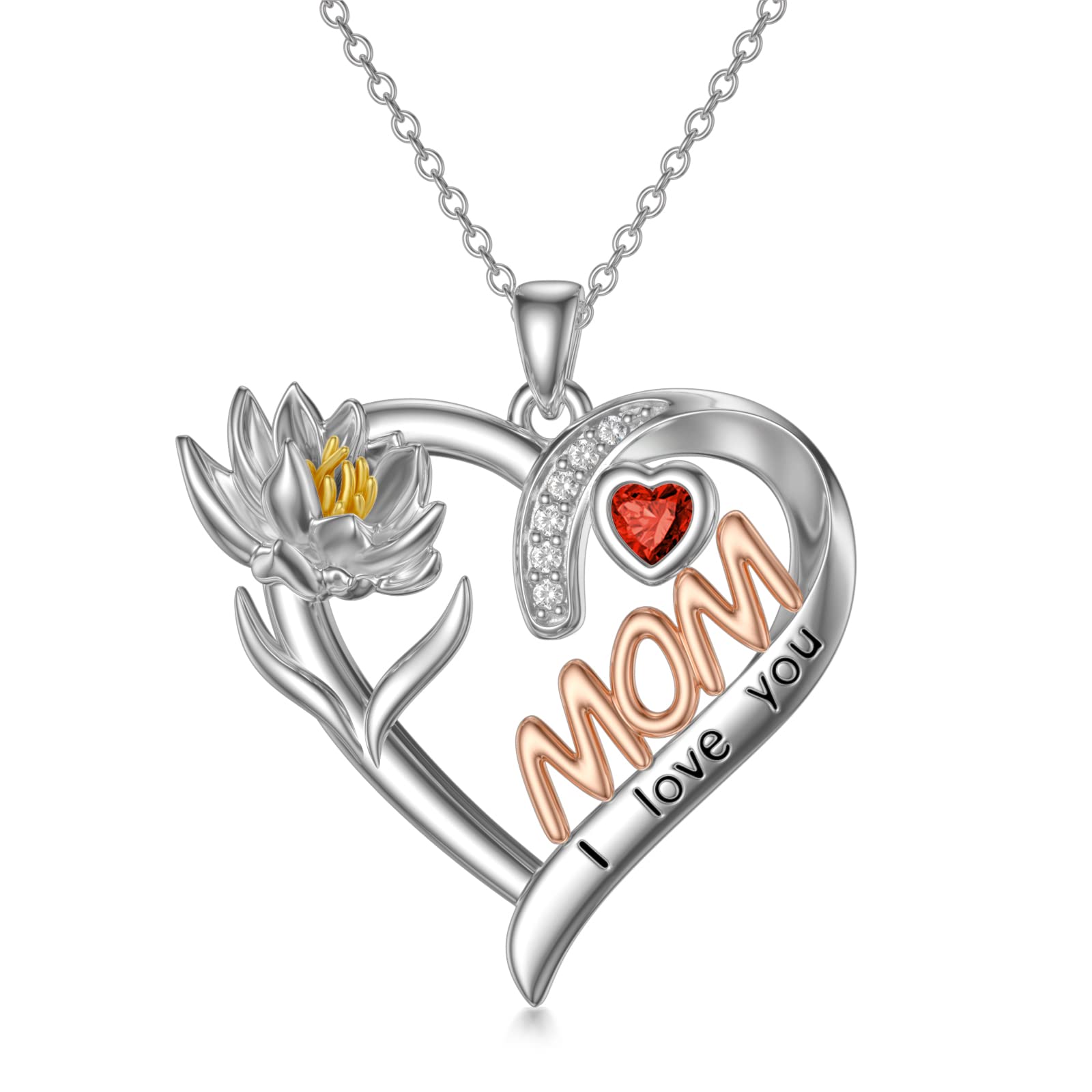 Birthflower Necklace for Mom - 925 Sterling Silver I Love You Mom Pendant with Birthstone, Personalized Jewelry Gift for Women from Daughter or Son | Perfect for Mother's Day, Birthday & Anniversary Gifts