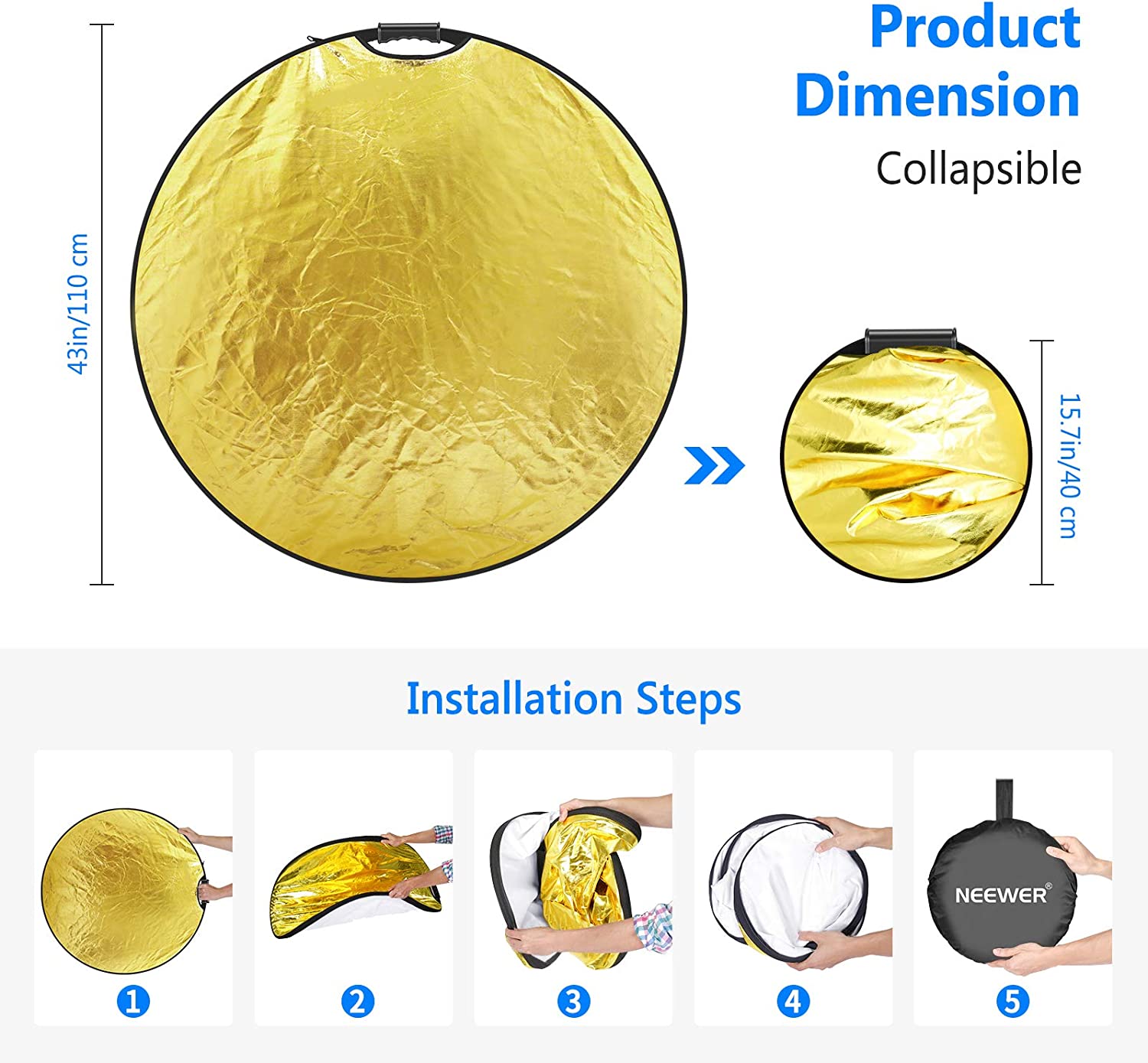 NEEWER 5-in-1 80CM/110CM Collapsible Round Light Reflector with Grip - Professional Photography Lighting Accessory for Portraits, Product Shoots & Outdoor Photography