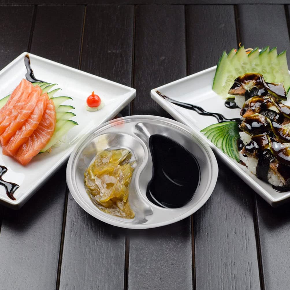 4-Piece Stainless Steel Divided Dipping Sauce Dishes Set - Small Round Soy Sauce & Seasoning Dishes for Sushi, Dumplings, Appetizers & Snacks | Perfect for Asian Cuisine, Parties & Home Dining