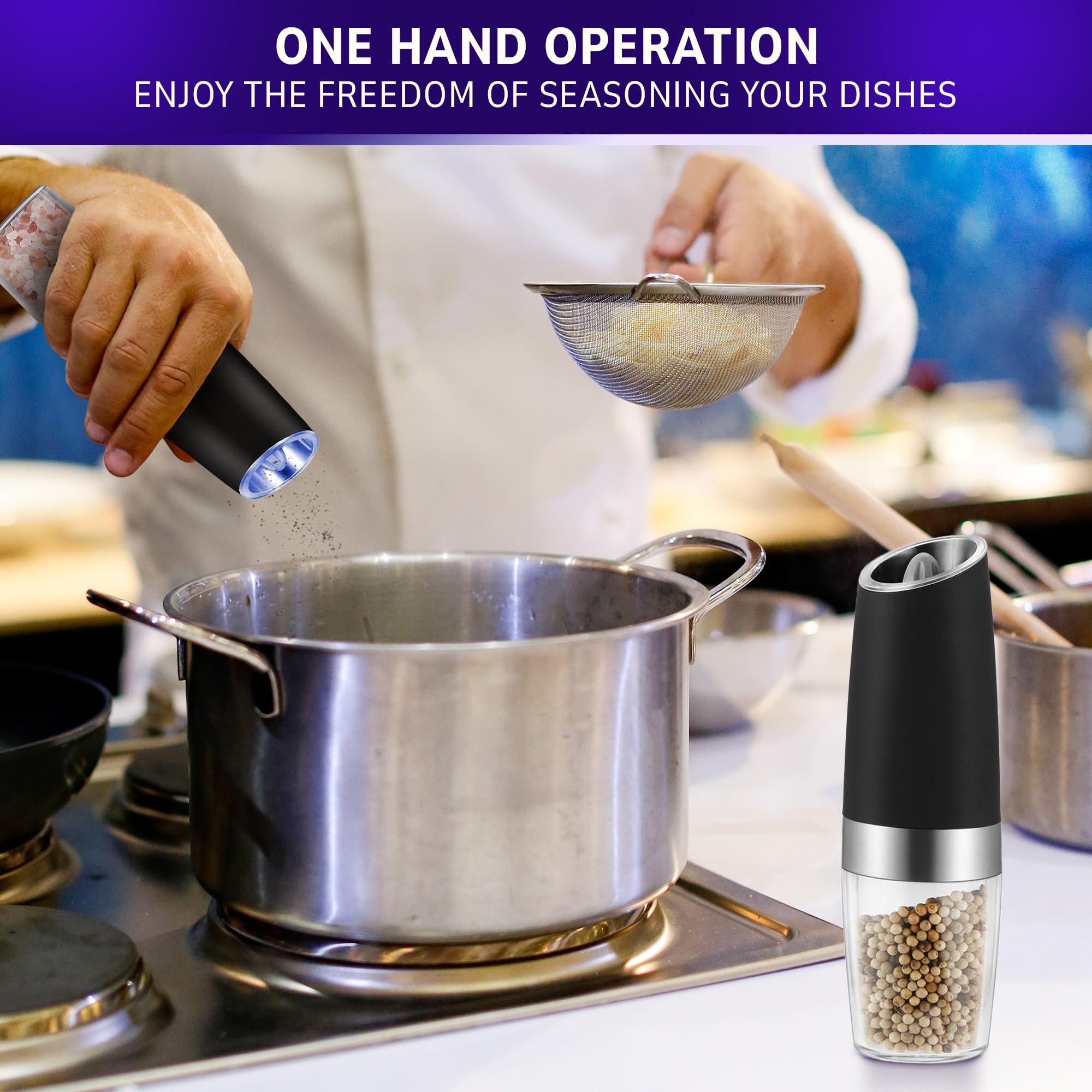2Pcs Electric Salt and Pepper Grinder Set - Automatic Gravity Operated Spice Mill with Adjustable Coarseness - Perfect for Kitchen, Dining Table, Camping & Gifting