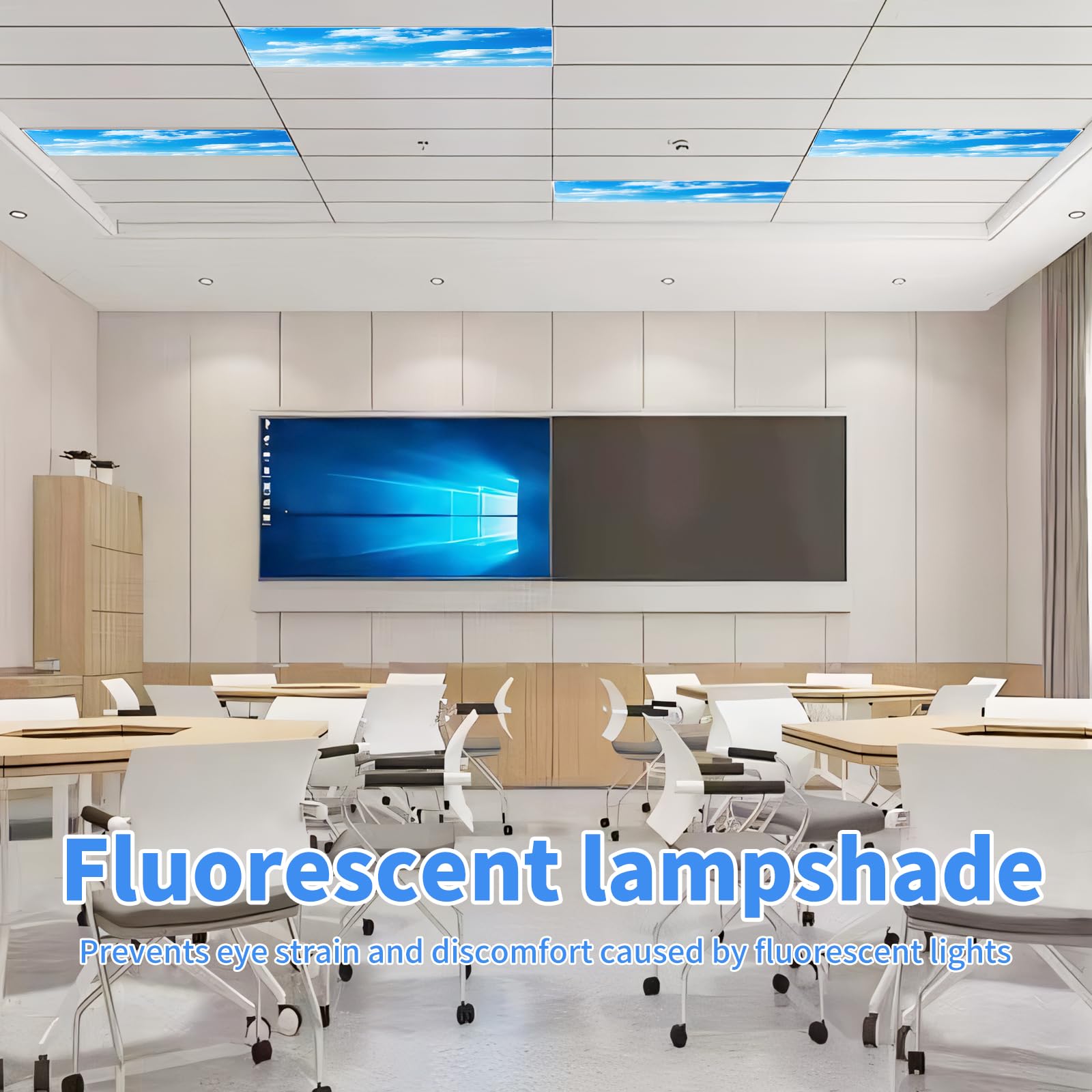 12 Pack Fluorescent Light Covers for Ceiling Lights - Magnetic Light Diffuser Filters for Classrooms, Offices, Hospitals & Homes (4x2 ft, Blue Sky White Clouds Design) - Reduce Glare & Create Calming Atmosphere