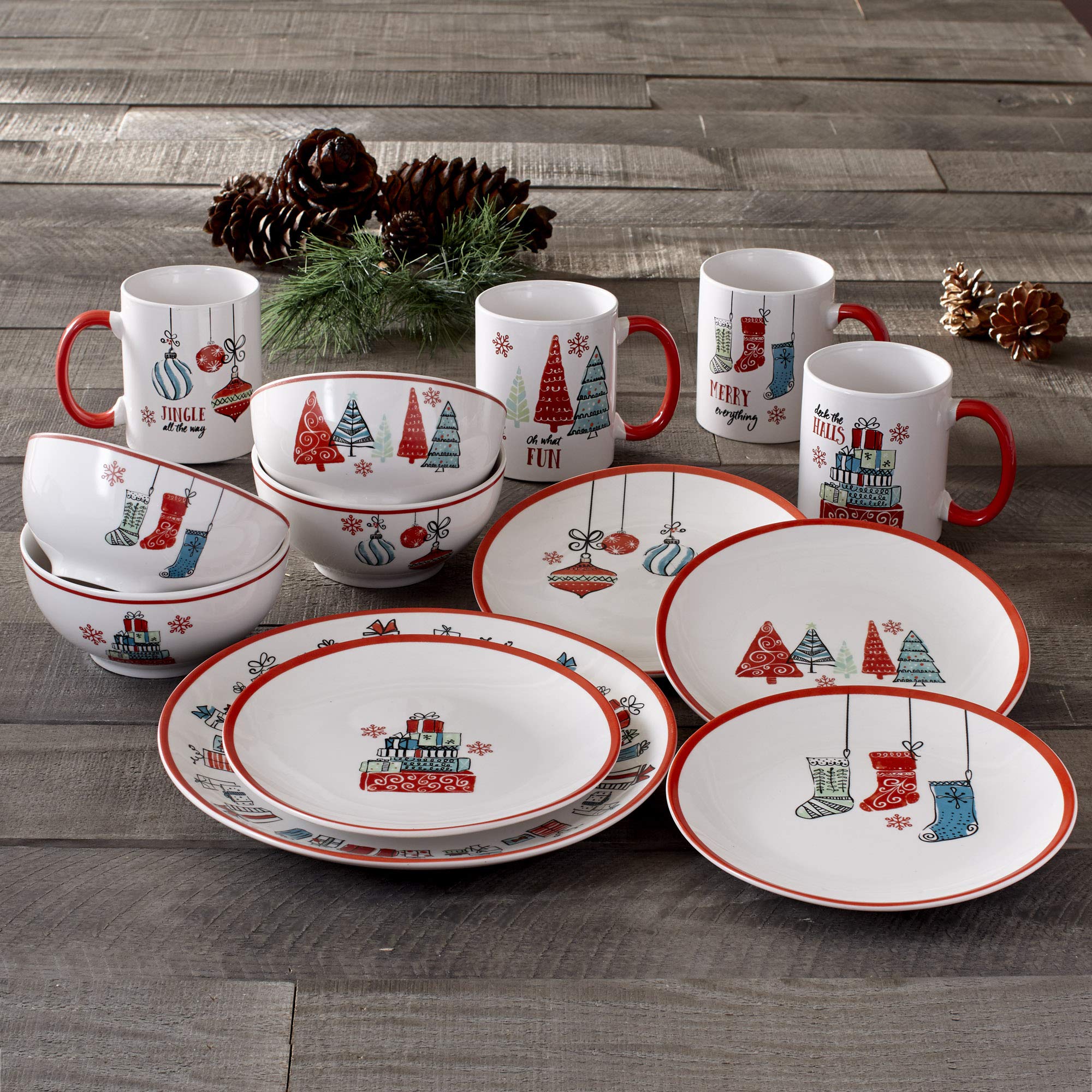 American Atelier Holiday Christmas Round Dinnerware Set – 16-Piece Stoneware Party Collection with 4 Dinner Plates, 4 Salad Plates, 4 Bowls & 4 Mugs – Unique Gift Idea, 10.5 Inch, White and Red – Perfect for Christmas Dinner, Holiday Parties & Family Gatherings