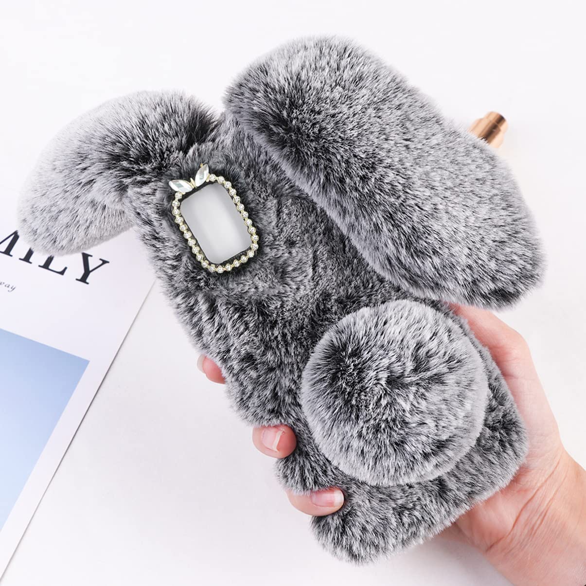 Fluffy Rabbit Plush Phone Case for Samsung Galaxy A03s - Cute Cartoon Soft Protective Cover with Anti-Slip Grip (Dark Grey) | Perfect Gift for Girls, Teens & Kawaii Lovers | School, Work, Travel & Daily Use