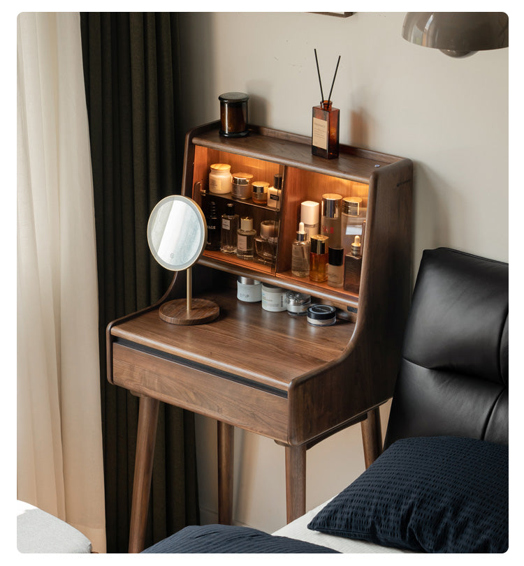 Black Walnut Solid Wood Lighted Vanity Dressing Table with Mirror - Elegant Makeup Desk for Bedroom, Bathroom, or Boudoir