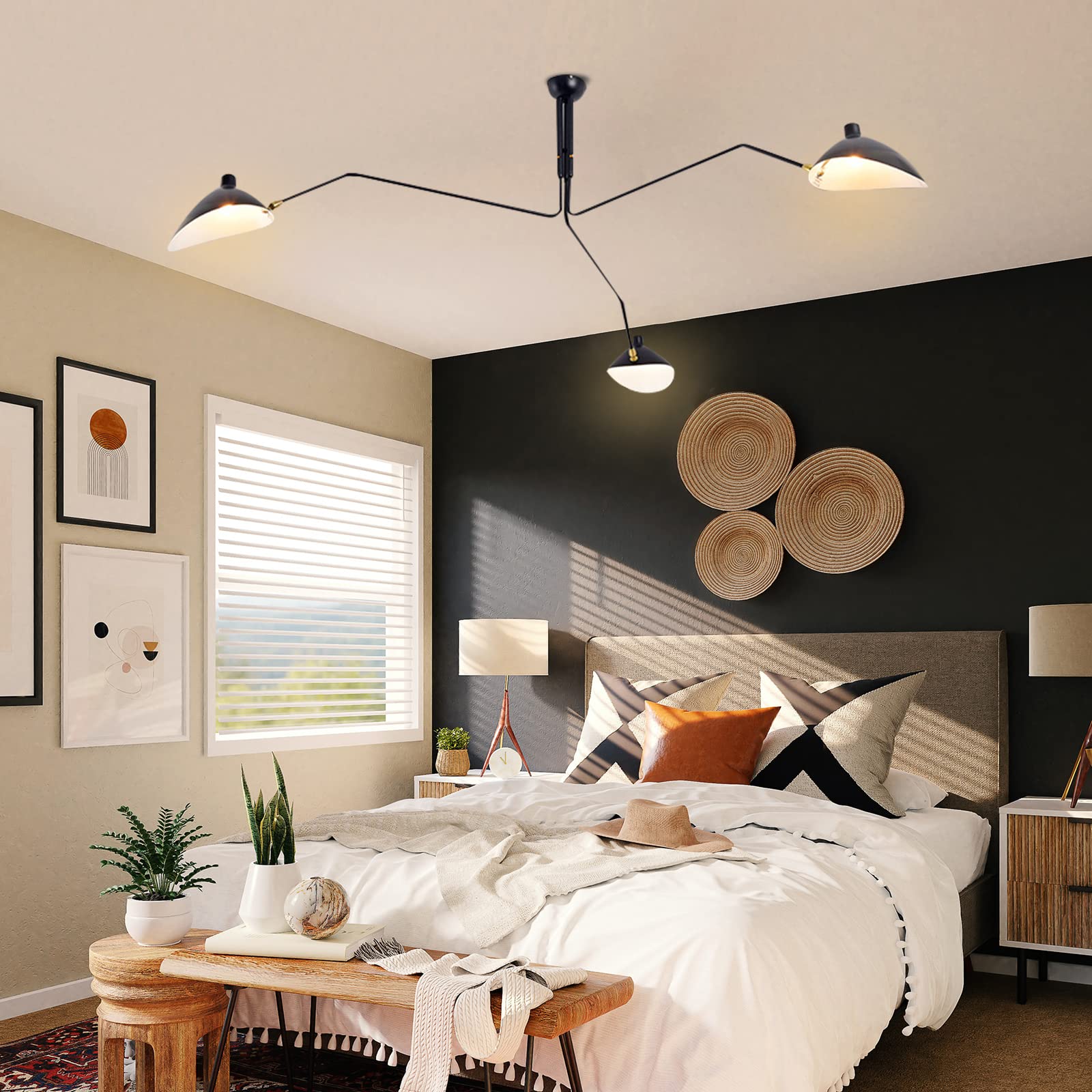 Black Mid Century Modern 3-Light Pendant Chandelier - Adjustable 3-Arm Iron Farmhouse Ceiling Light Fixture for Living Room, Bedroom, Dining Room & Kitchen - Industrial Vintage Lighting for Home Decor