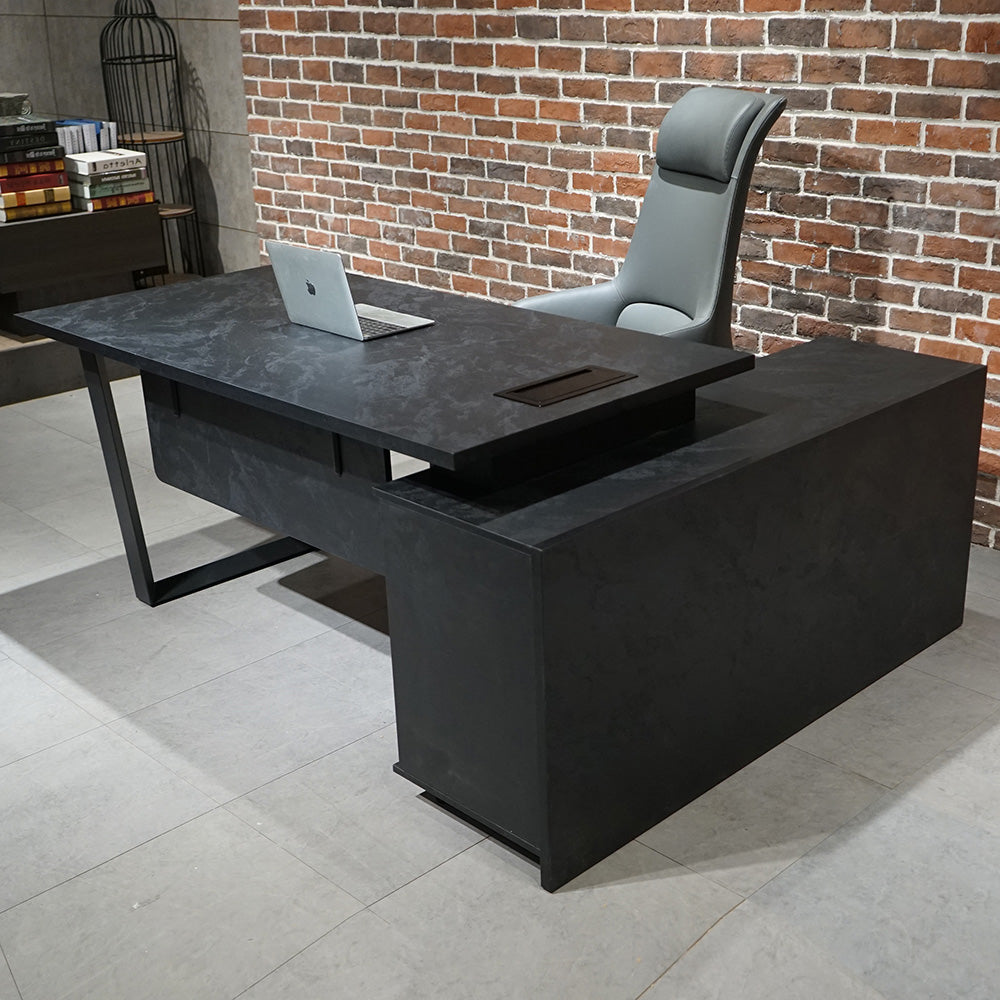 ADRIANO Black Executive Office Desk - Reversible 165-180cm, Black Concrete Finish - Perfect for Home Office, Conference Room & Modern Workspace