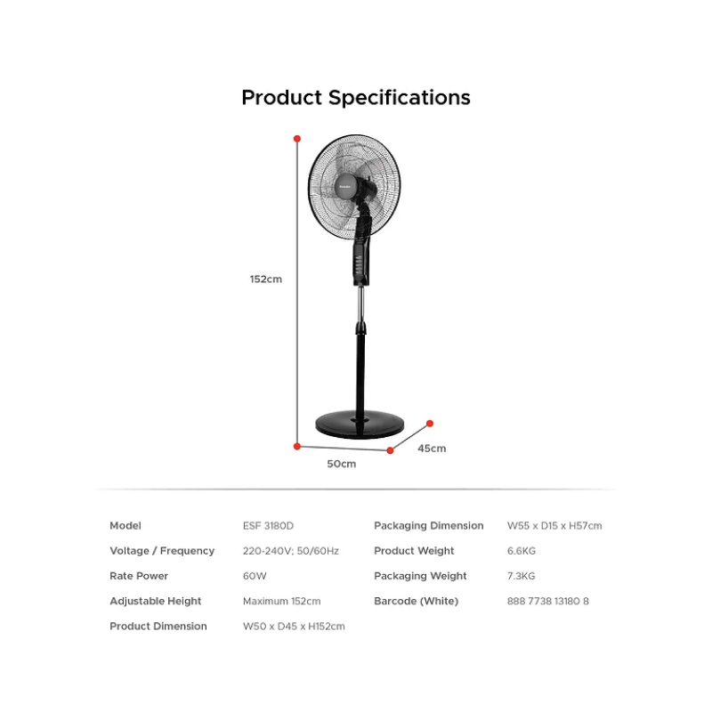 Europace ESF3180D 18 Inch 3-Speed Stand Fan with Remote Control - Quiet Oscillating Floor Fan for Home, Office, Bedroom & Living Room Cooling