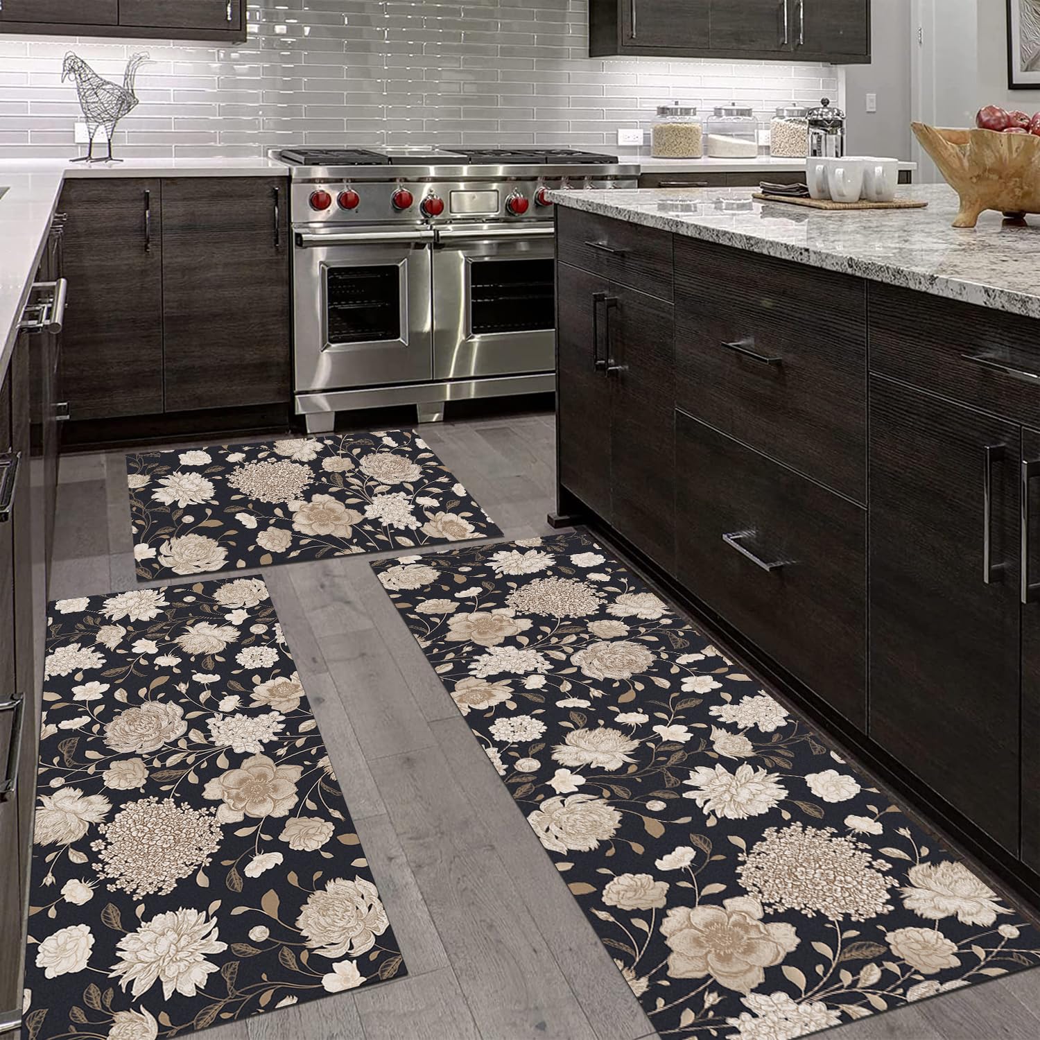 Jinaply Floral Kitchen Rugs Set of 3 - Non-Slip Washable Farmhouse Style Runner Rugs for Kitchen, Laundry Room, Bathroom, Entryway & Indoor Door - Perfect for Sink Areas & High-Traffic Spaces