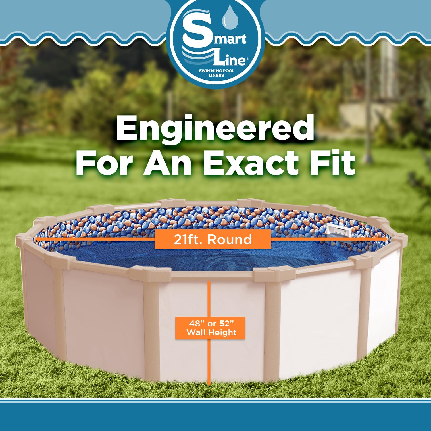 21 ft Round Smartline Overlap Swimming Pool Liner for Steel Sided Above Ground Pools - Heavy Duty 25 Gauge Virgin Vinyl - Fits 48-52 Inch Wall Height - Perfect for Backyard Summer Fun & Family Gatherings