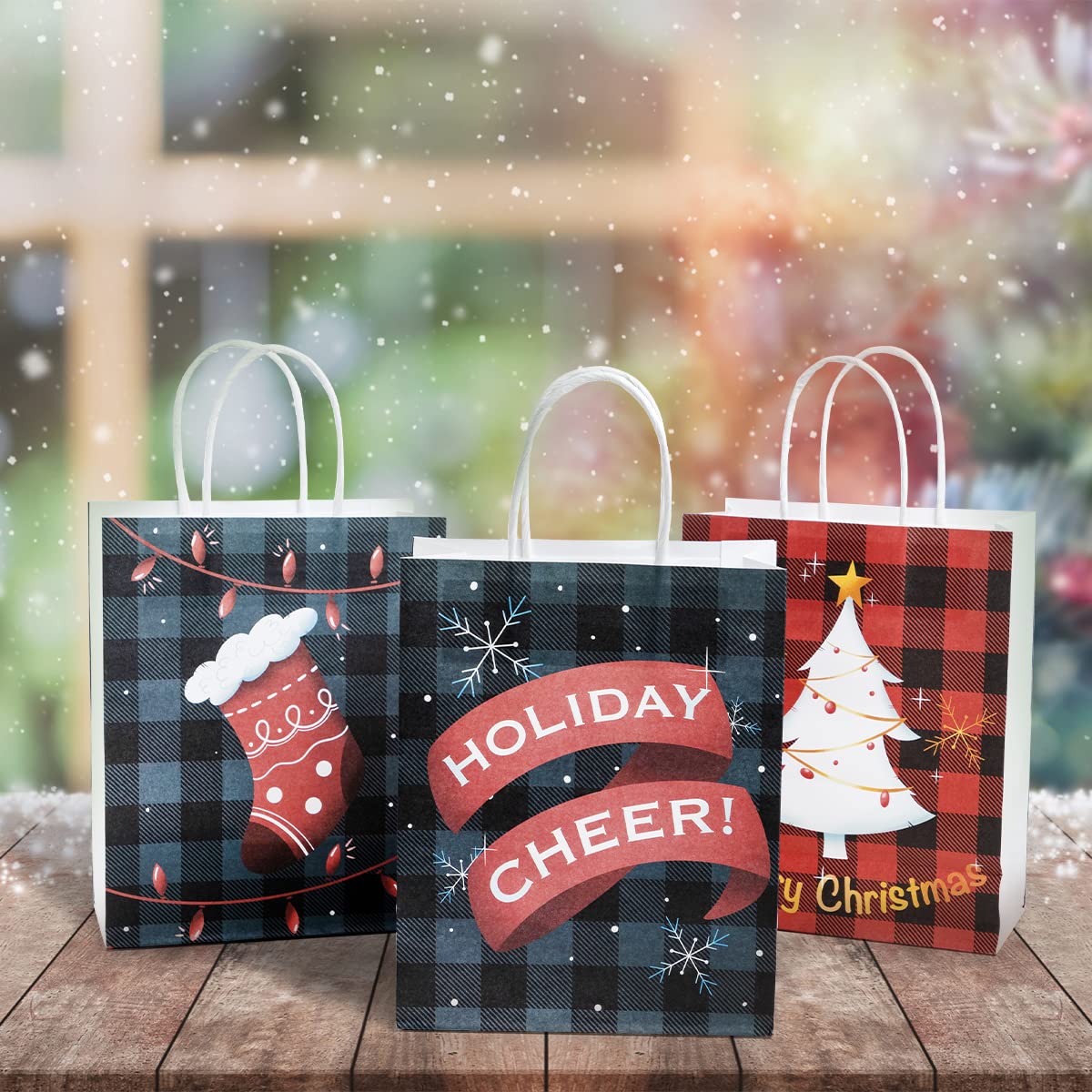JOYIN 24-Piece Christmas Buffalo Plaid Gift Bags Set - 6 Festive Designs with Sturdy Handles for Holiday Parties, Candy Treats & Gift Wrapping | Perfect for Christmas Celebrations, Office Exchanges & Stocking Stuffers