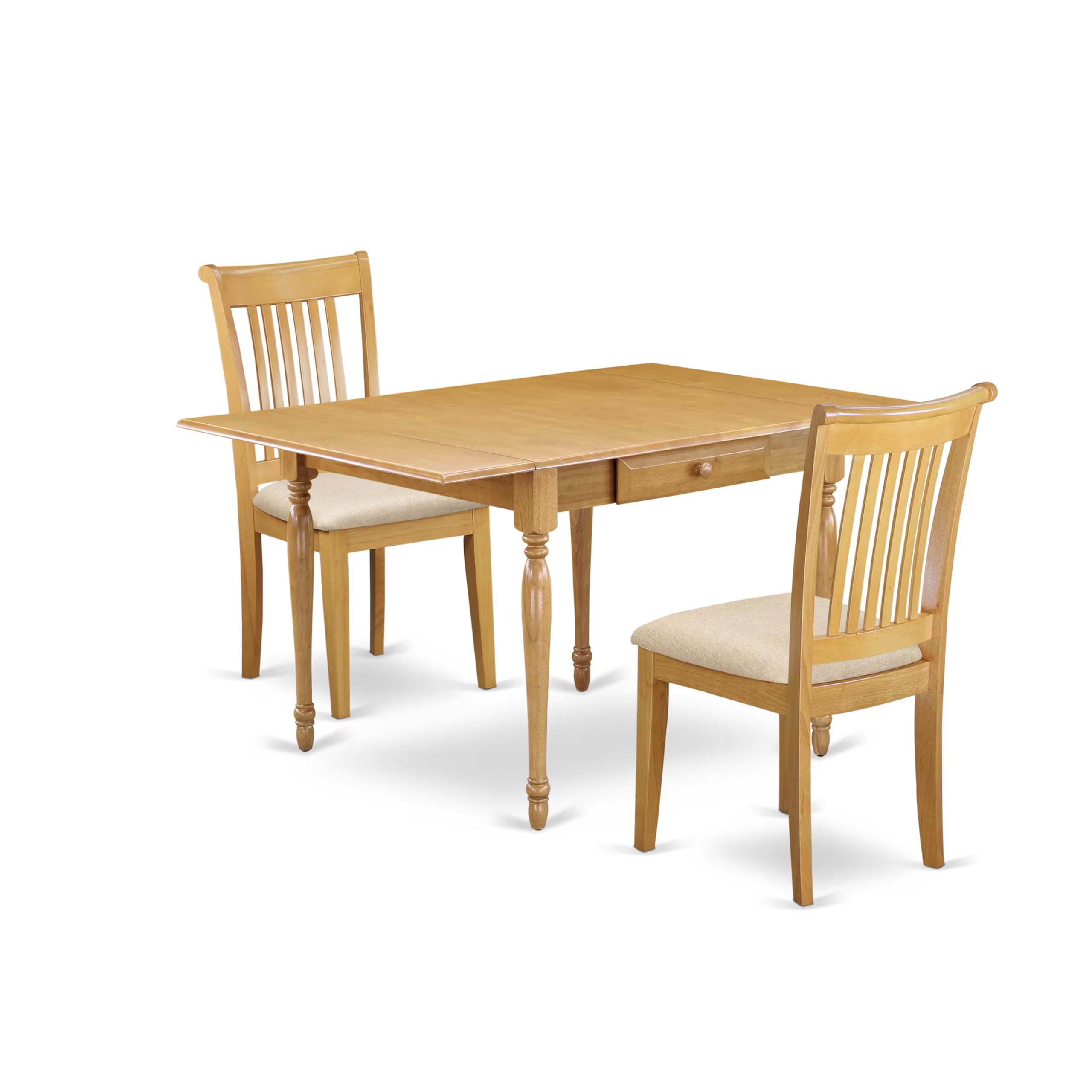 East West Furniture MZPO3-OAK-C 3-Piece Oak Kitchen Table Set with Drop-Leaf Dining Table & 2 Linen Upholstered Chairs, 36x54 Inch - Perfect for Small Spaces, Apartments, Breakfast Nooks & Cozy Dining Areas
