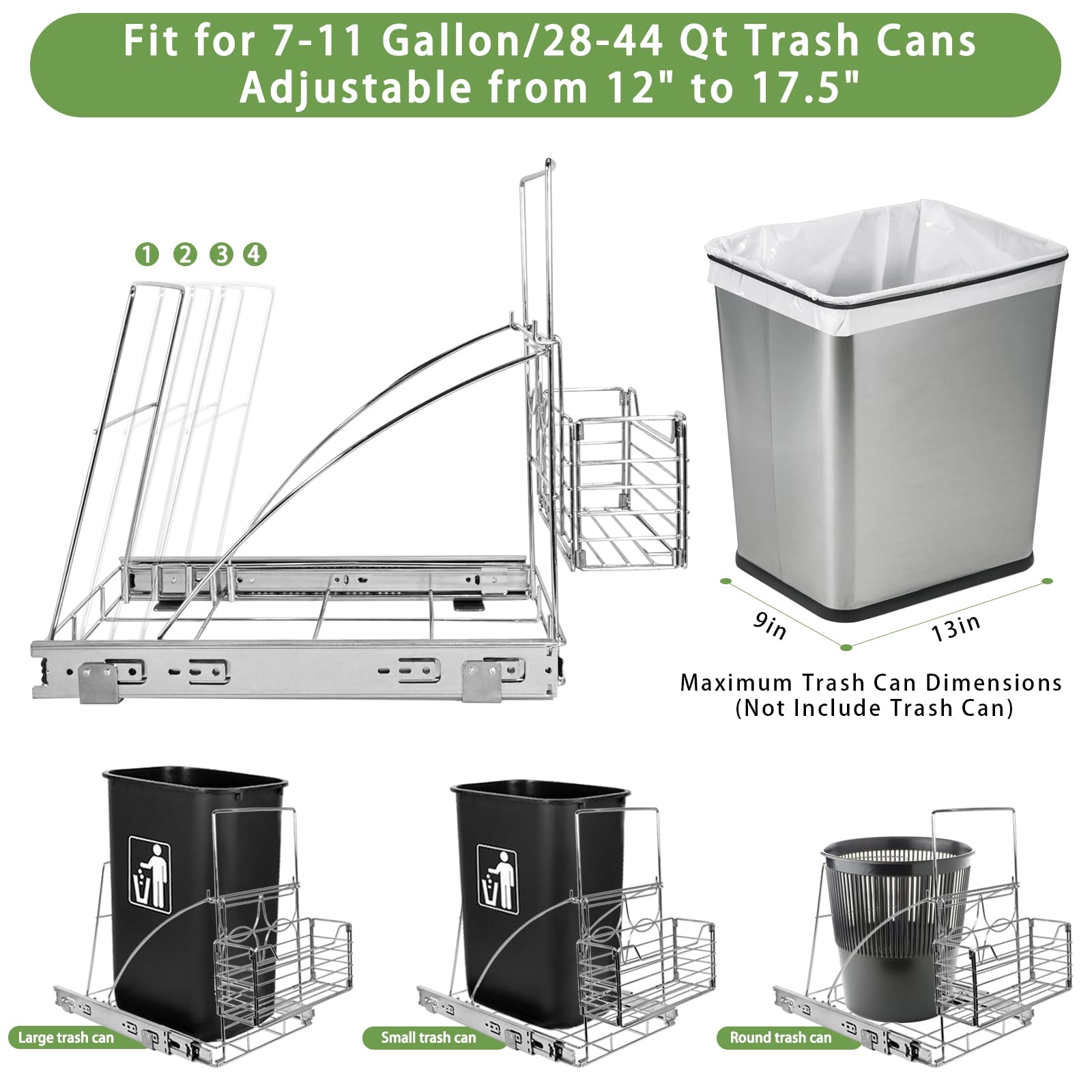 Pull Out Trash Can Under Cabinet - Adjustable Sliding Kitchen Waste Bin for Under Sink, 13 Gallon Stainless Steel (Silver) - Perfect for Small Spaces & Cabinet Organization