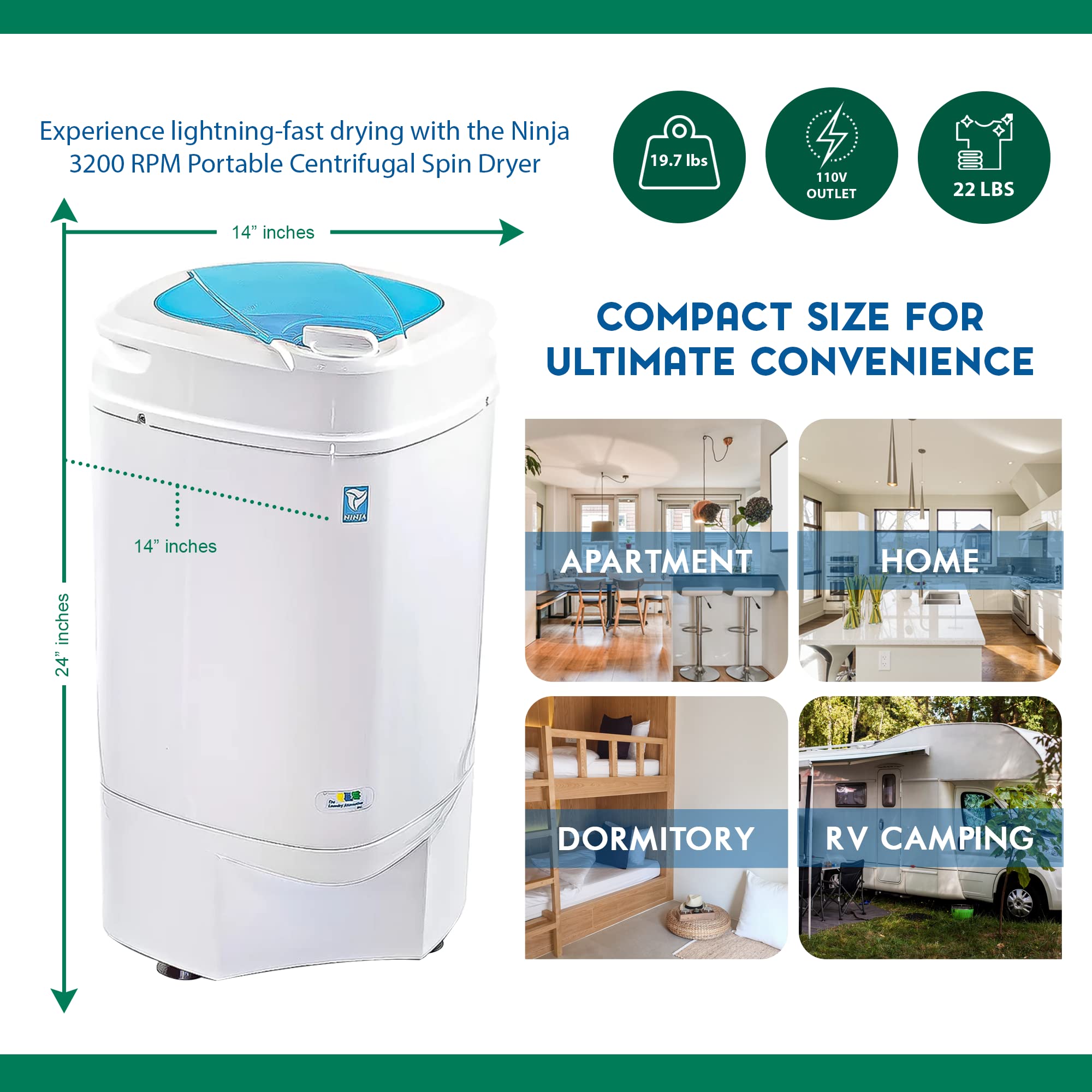 Ninja Spin Dryer - 3200 RPM Portable Clothes Dryer with High-Tech Suspension System - Compact Laundry Solution for Apartments, RV Travel & Camping - Fast Drying for Delicates, Swimwear & Activewear (Rose)