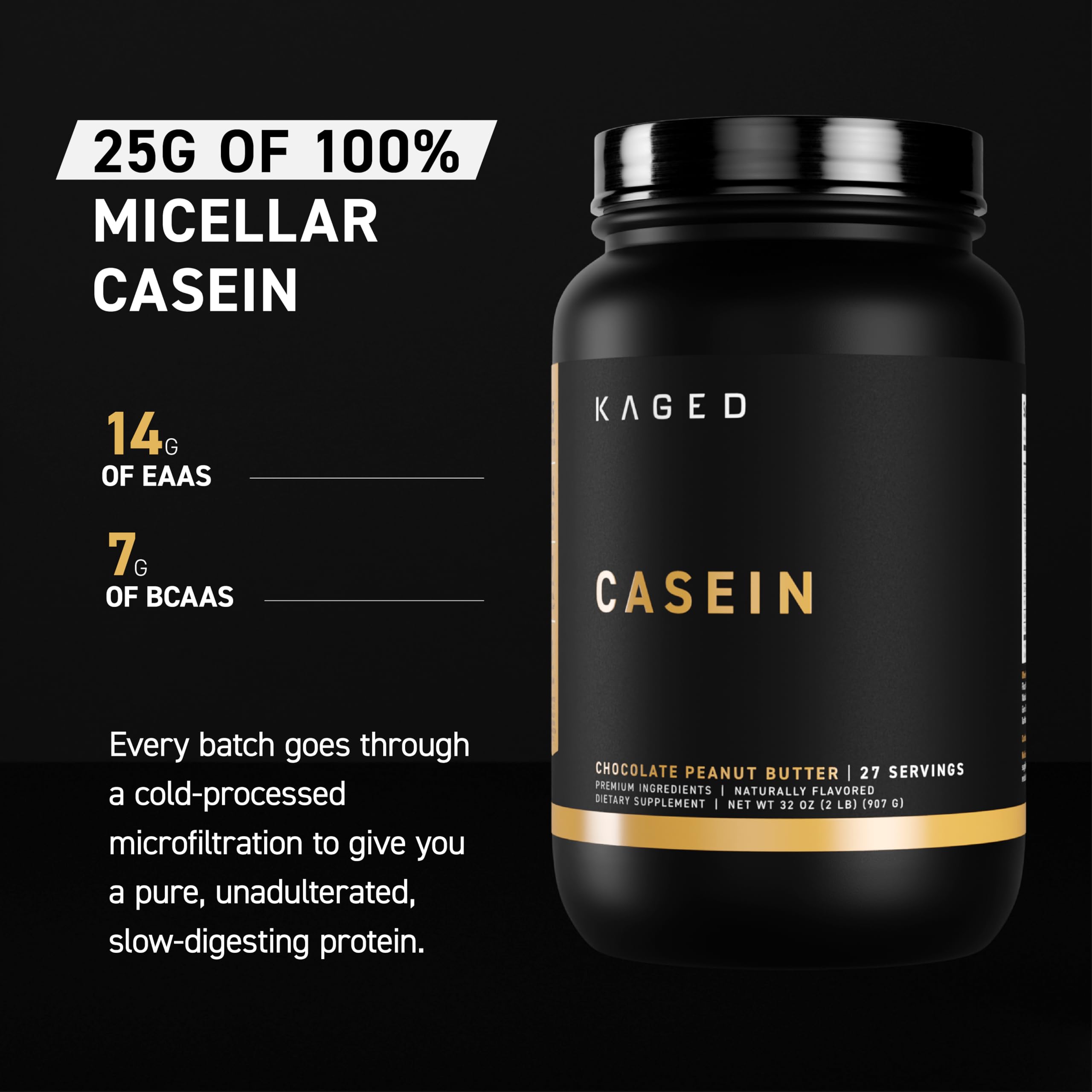 Kaged Premium Micellar Casein Protein Powder - Chocolate Peanut Butter Flavor | Slow-Release Muscle Recovery Supplement | Banned-Substance Free | 25 Servings | Ideal for Post-Workout Recovery & Overnight Muscle Growth