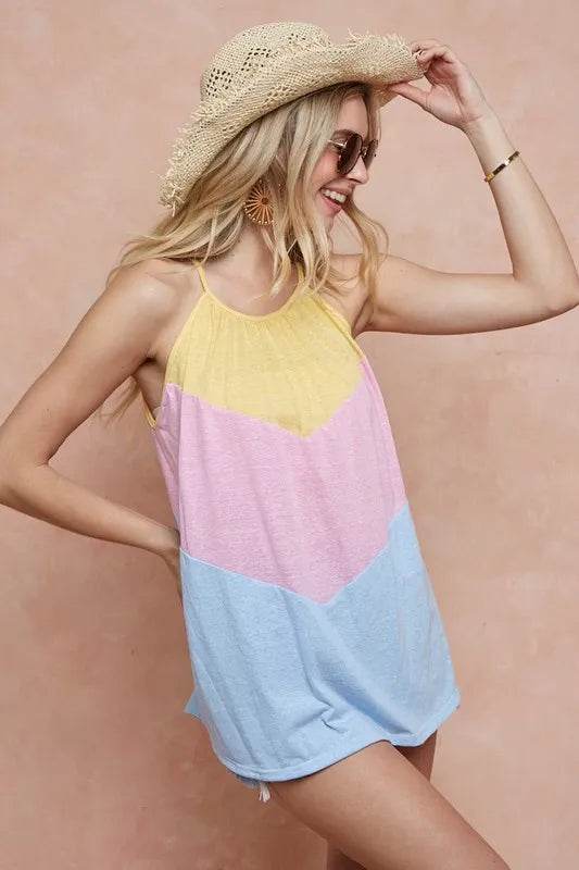BiBi Triblend Knit Color Block Halter Neck Top - Women's Fashion Casual T-Shirt for Summer, Beach & Party Outfits