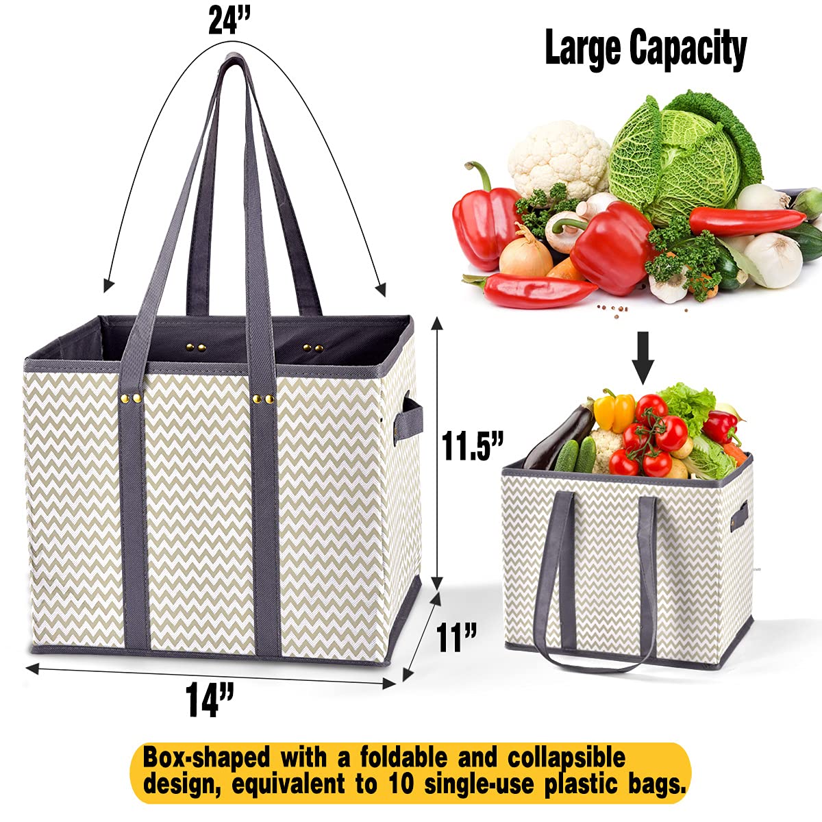 NERUB Heavy Duty Reusable Grocery Tote Bags - Reinforced Bottom, Foldable Large Shopping Bags for Groceries (3 Pack) - Perfect for Farmers Market, Supermarket & Eco-Friendly Shopping