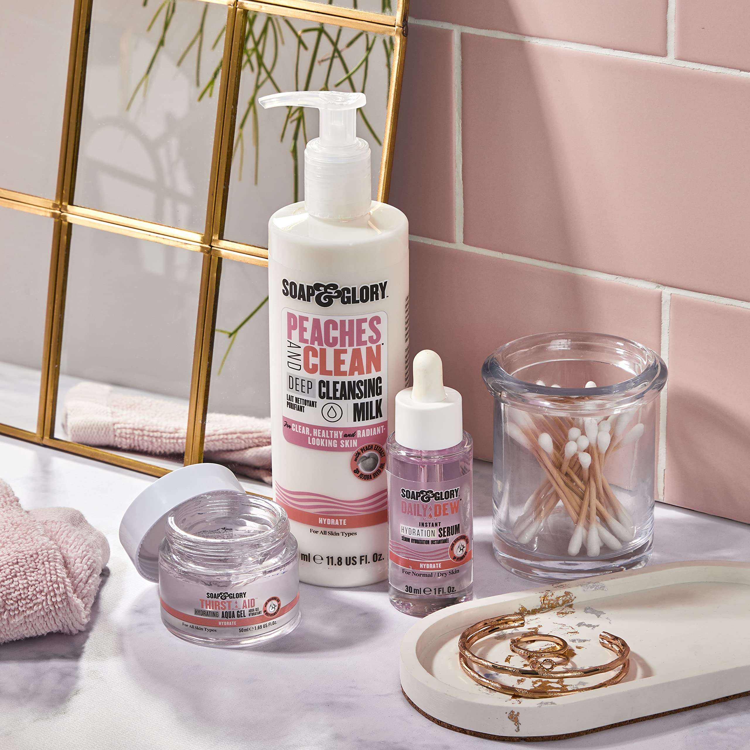 Soap & Glory Peaches & Clean 4-in-1 Deep Cleansing Milk with Peach Extract, Ginseng & Jojoba Oil - Hydrating Makeup Remover & Facial Cleanser for Clarified, Energized Skin (350ml) - Perfect for Daily Skincare Routine & Travel-Friendly Beauty Essential
