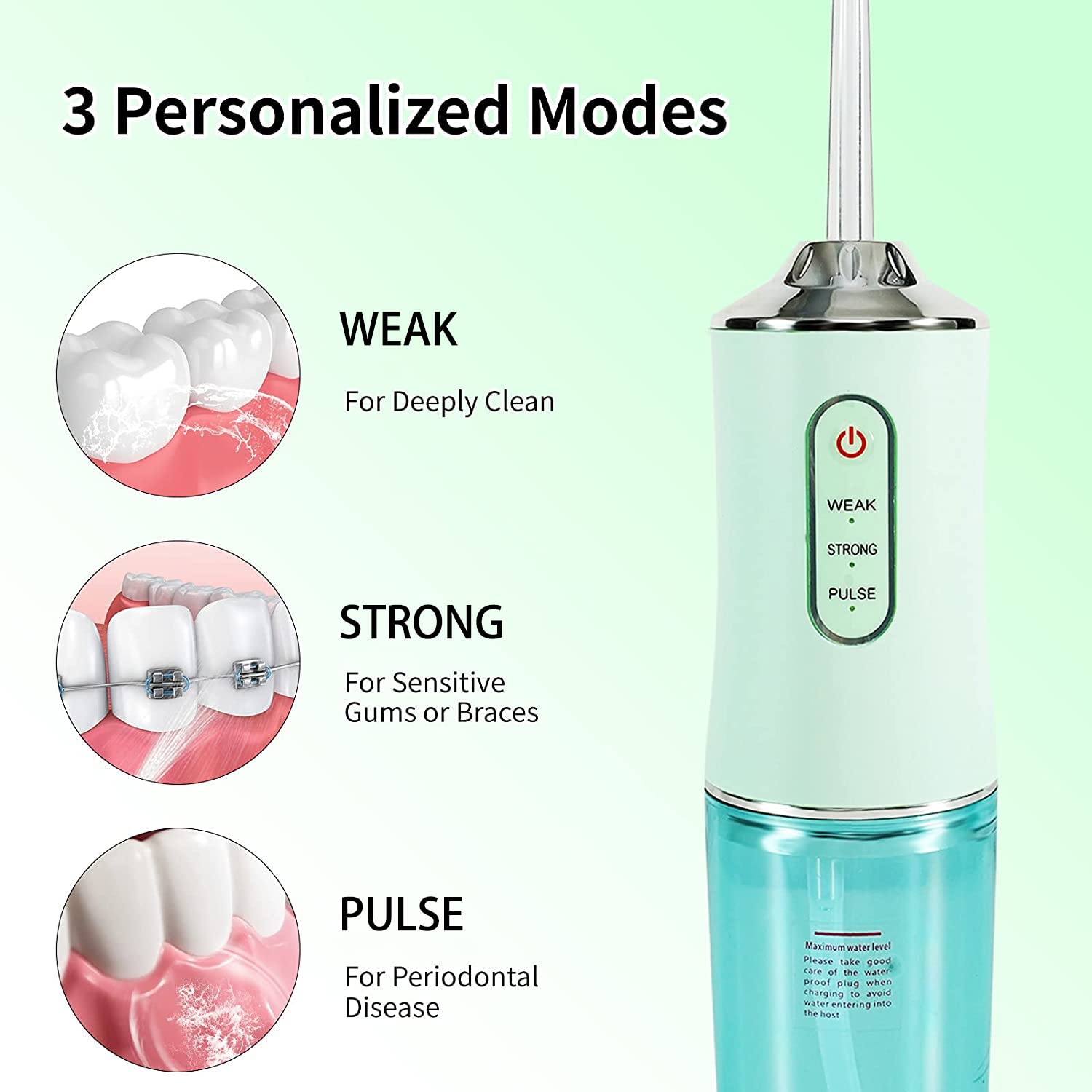 Professional Cordless Water Flosser for Teeth - Electric Dental Oral Irrigator with 4 Jet Tips, DIY Mode, IPX7 Waterproof, Rechargeable & Portable | Perfect for Home Use & Travel (Green)