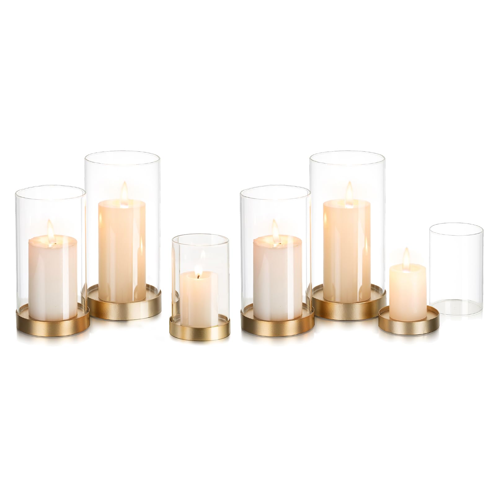 Glasseam Hurricane Glass Candle Holders Set of 6 - Gold Metal Pillar Candle Holders with Clear Glass Chimney for Wedding, Outdoor, Home Decor - Elegant Table Centerpiece for Dining Room, Patio, and Special Events