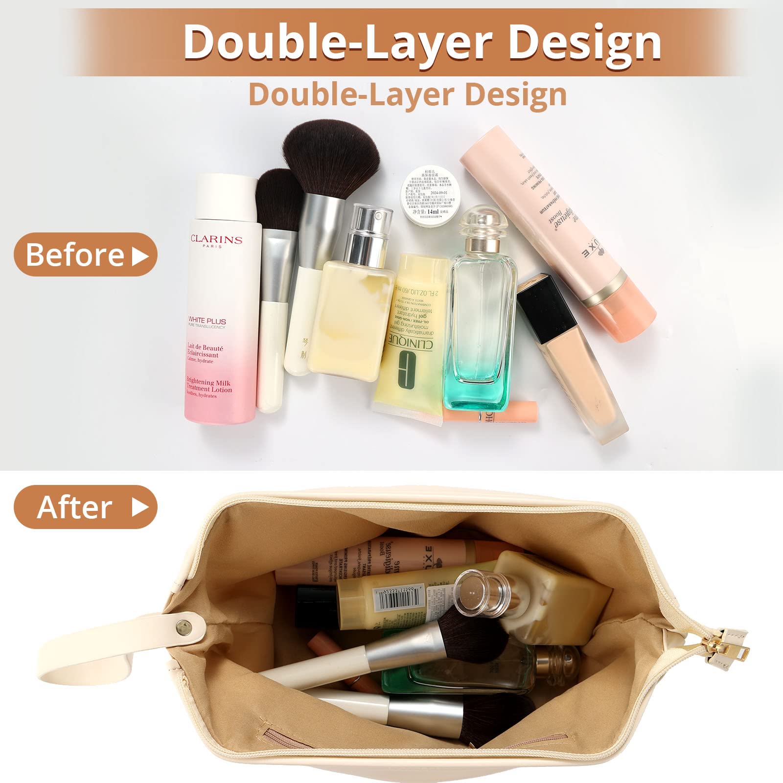 Cloud Double Makeup Bag - Off-White Waterproof Cosmetic Organizer for Travel & Daily Use | Perfect for Makeup Brushes, Lipsticks & Skincare Products