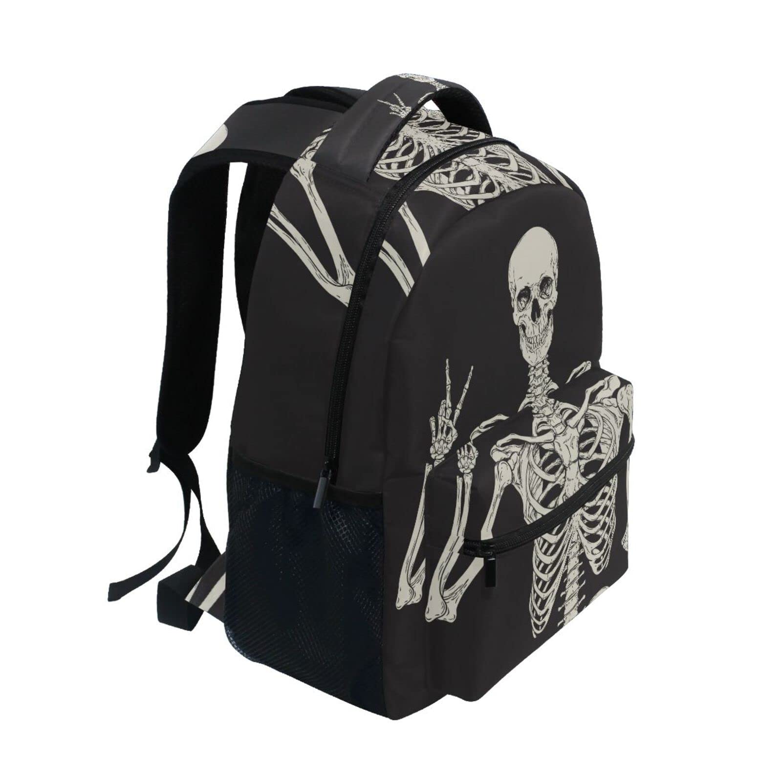 JIPONI Black Halloween Skull Skeleton Peace Backpack for Women & Men - Gothic School Bag, College Bookbag, Travel Laptop Backpack, Daypack for Students, Work & Outdoor Adventures