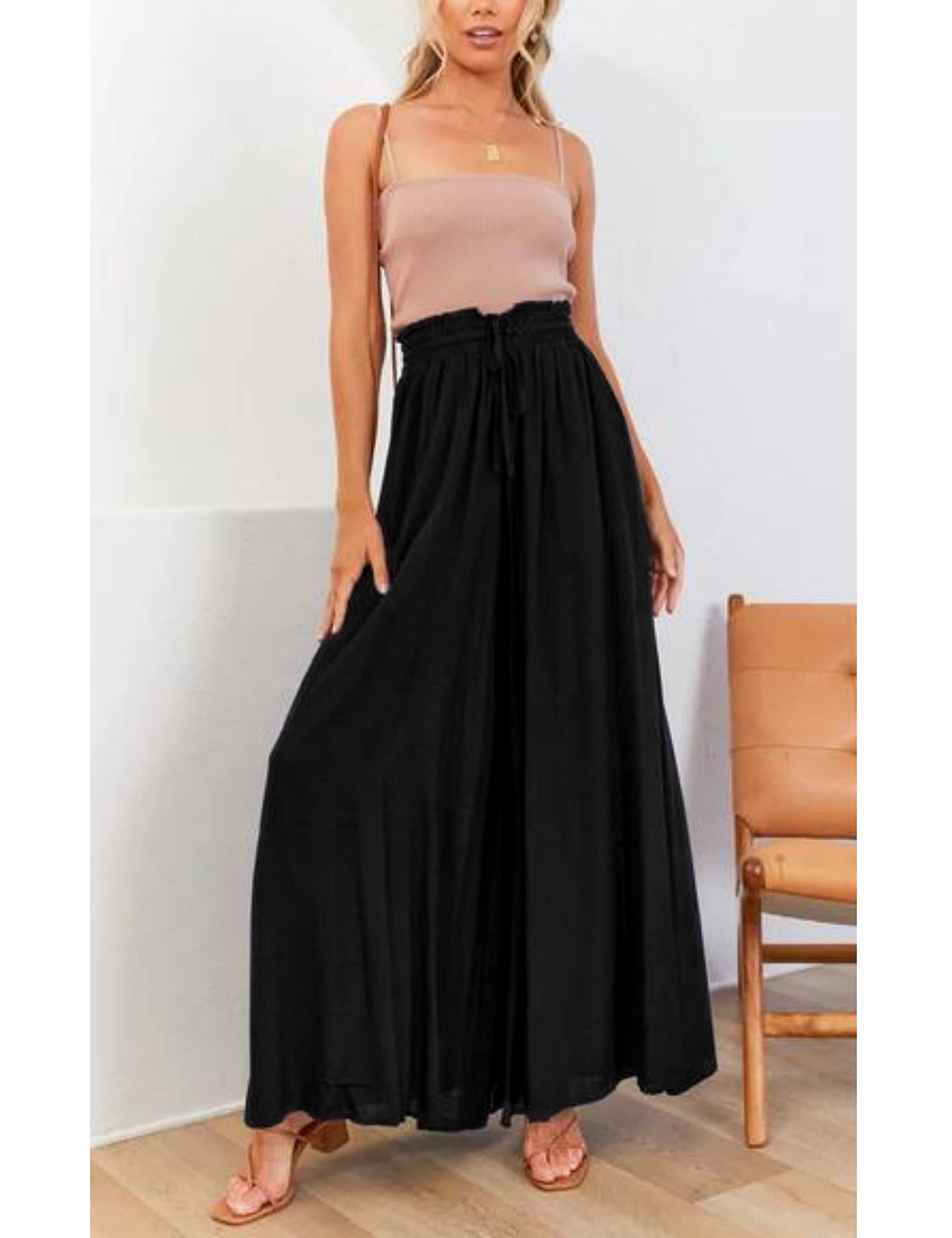 Hooever Women's Wide Leg Palazzo Pants - Flowy Drape Ruffle Drawstring Waist Casual Trousers for Work, Travel & Summer Outfits