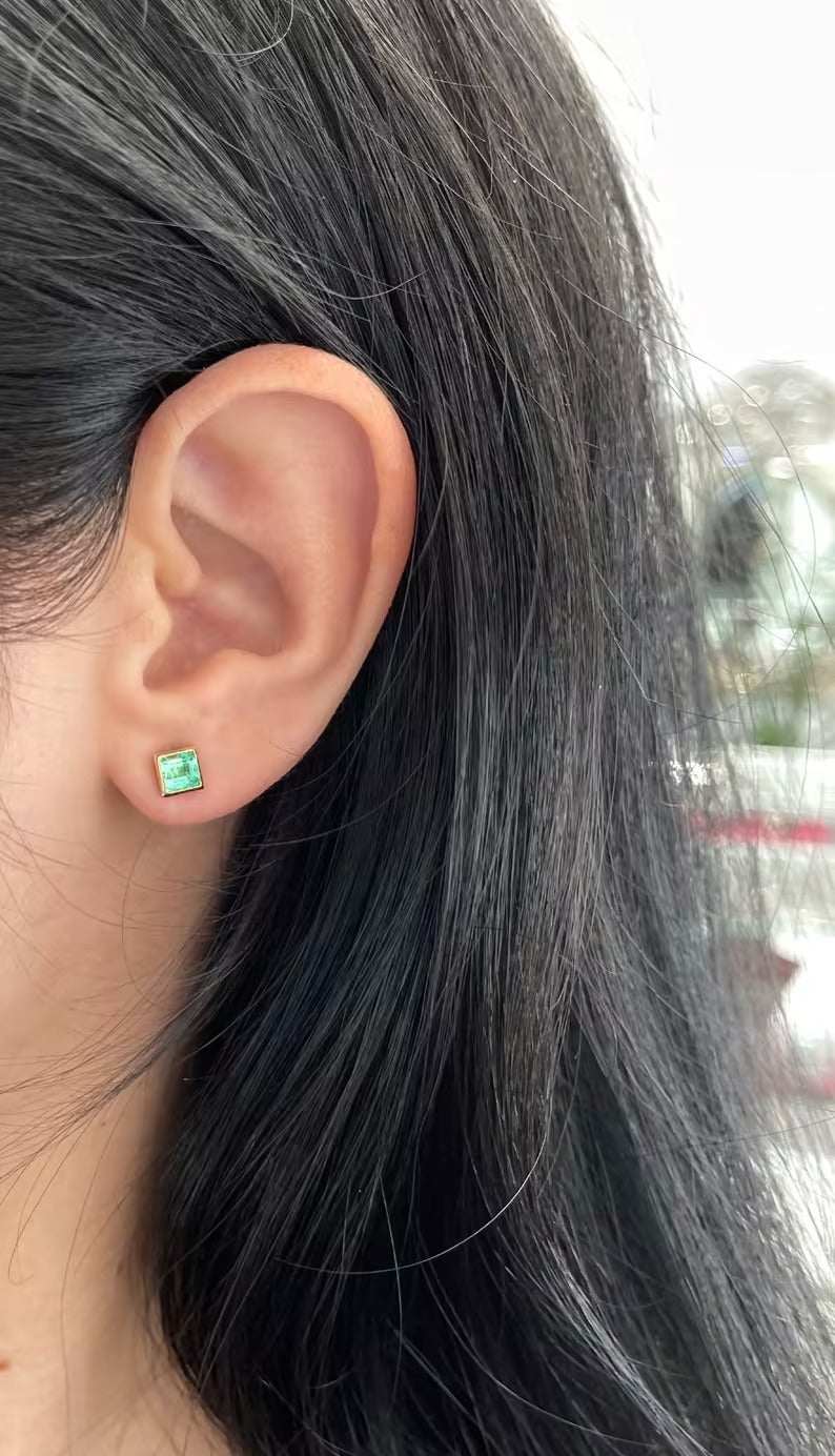0.90tcw Princess Cut Natural Emerald Bezel Set Stud Earrings in 14K Gold - Elegant Jewelry for Women, Perfect for Weddings, Parties & Everyday Wear