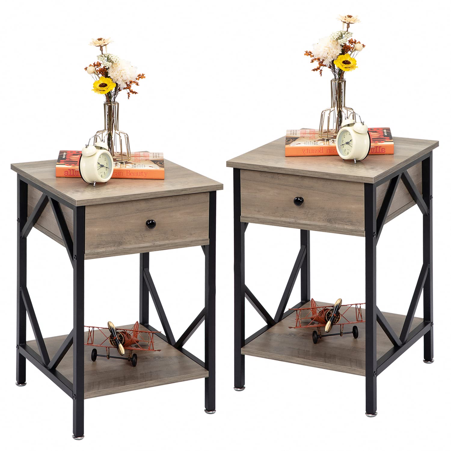 TRINEAR Nightstand Set of 2 - Wooden Bedside Tables with Drawer & Shelf Storage, Industrial Style End Tables with Metal Frame for Bedroom & Living Room - Perfect for Small Spaces, Apartment & Dorm Room Decor (Grey Wash)