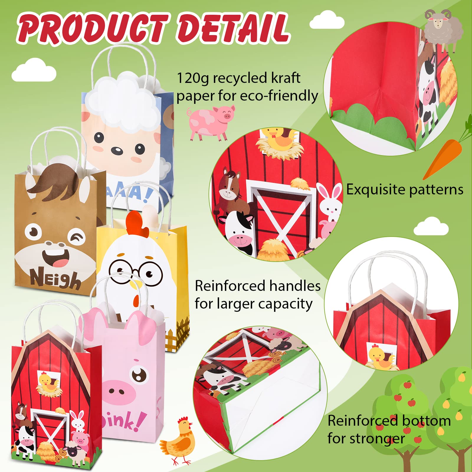 Farm Animal Party Favor Bags with Handles - Barnyard Birthday Treat Goody Bags for Kids | Kraft Paper Candy Gift Bags for Farm Theme Parties, Baby Showers & School Events