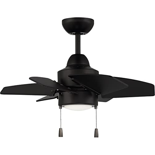 Craftmade PPT24FB6 Propel II 24 Inch Indoor Outdoor Ceiling Fan with LED Light & Pull Chain - 6 ABS Blades, Damp Rated, Flat Black Finish - Perfect for Bedroom, Patio, Porch, and Small Spaces