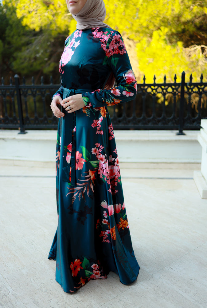 Meryam Modest Maxi Dress with Detachable Belt - Floral Print, Loose Fit, Long Sleeve - Perfect for Church, Wedding & Casual Outings