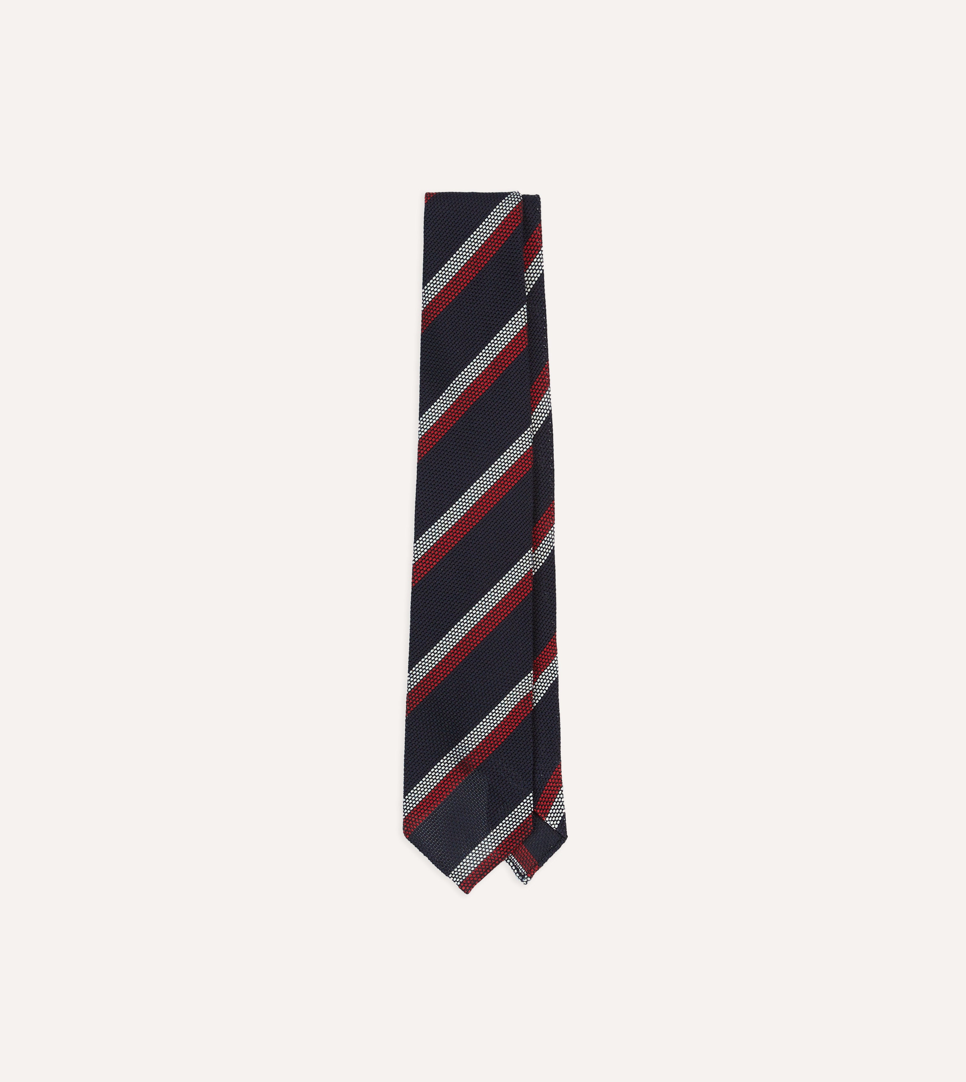 Premium Navy, Red & White Double Stripe Hand-Rolled Silk Grenadine Necktie for Business, Weddings & Formal Occasions