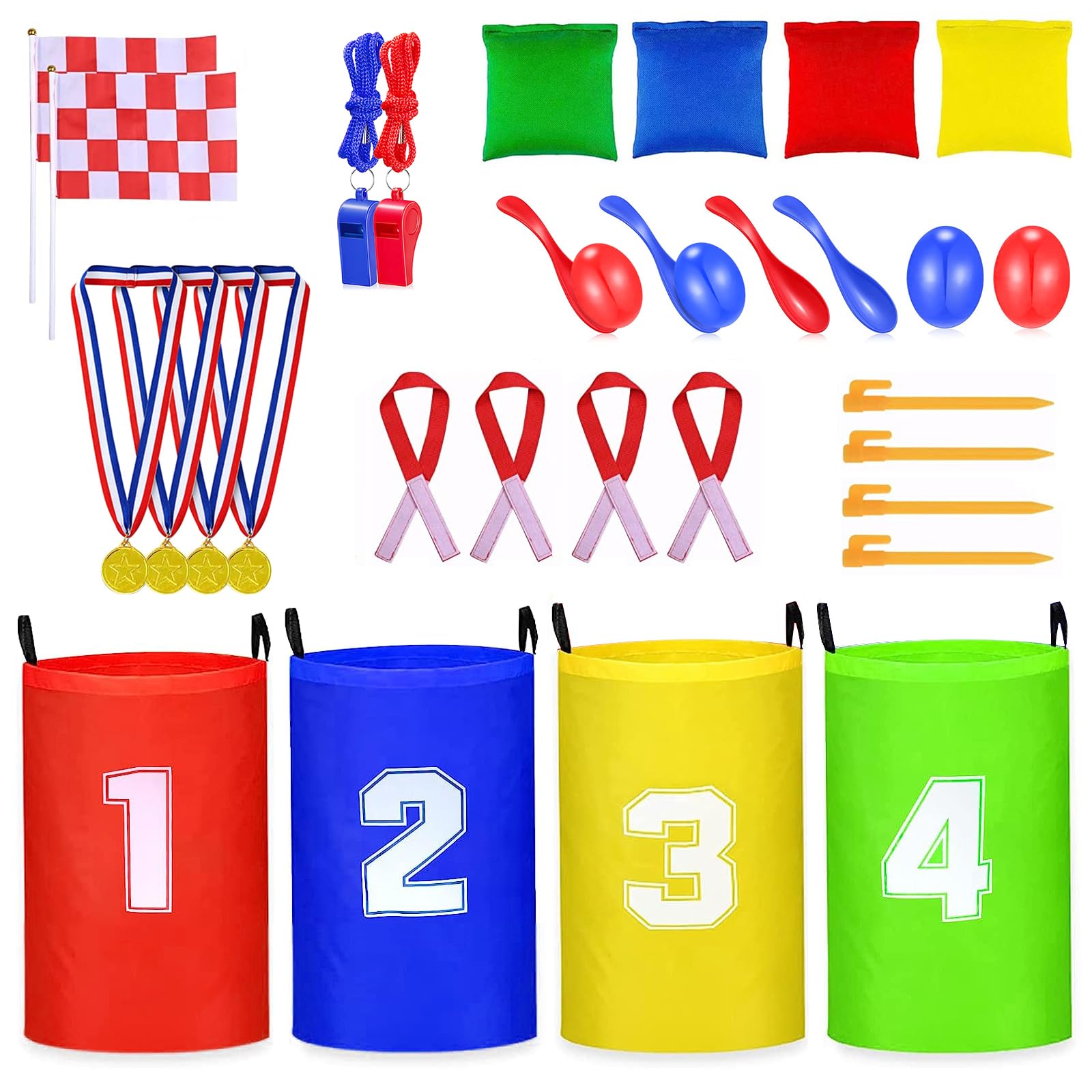 Potato Sack Race Bags & 3-Legged Race Bands - Outdoor Party Games for Kids | Bean Bag Toss & Egg Spoon Race for Easter, Birthday Parties, Camping & Backyard Fun