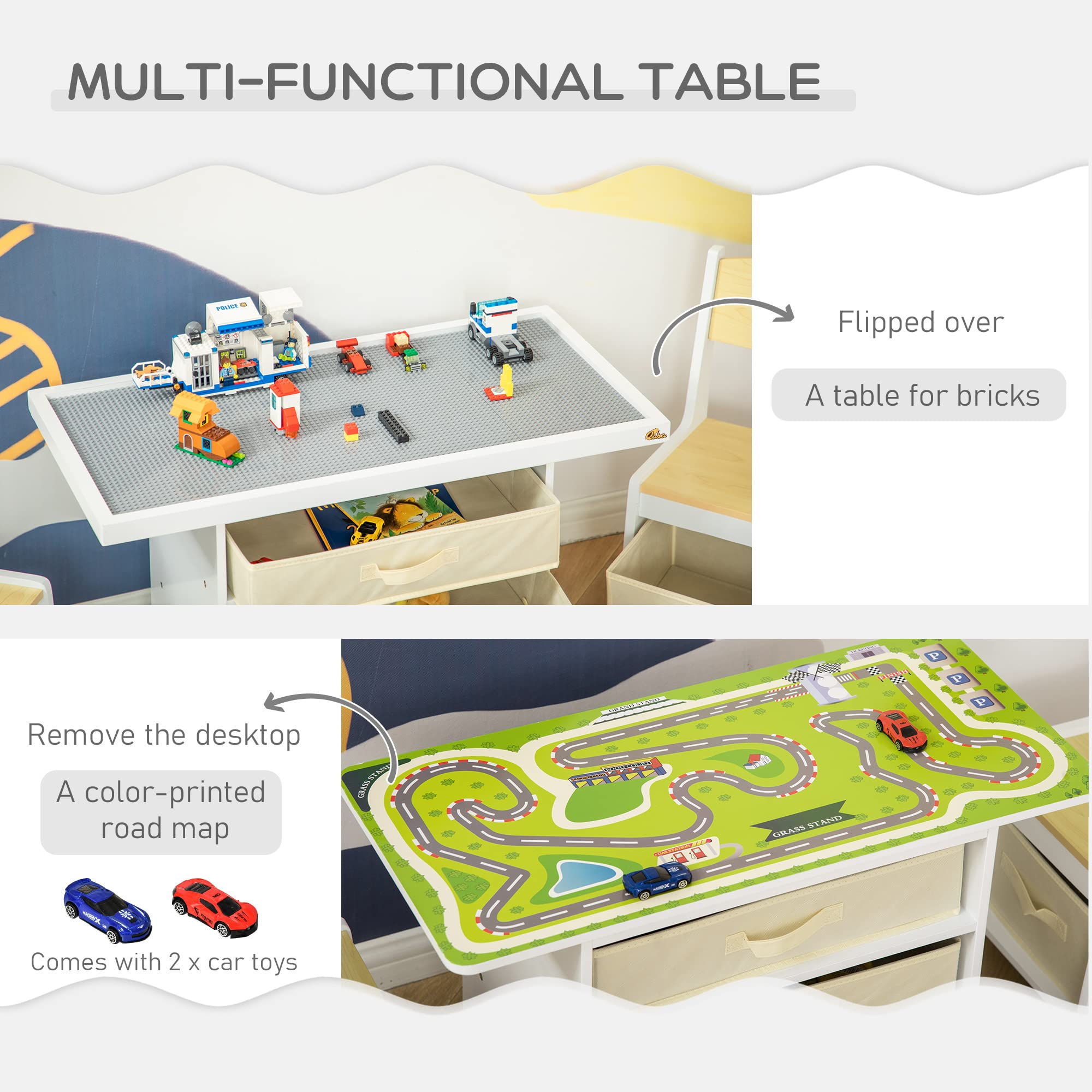 Qaba 3-in-1 Kids Activity Table and Chairs Set - Convertible Drawing Table, Building Blocks Play Table with Road Map & 2 Toy Cars, Includes Storage Baskets for Toddlers & Preschoolers - Perfect for Playroom, Daycare & Homeschool Learning Activities