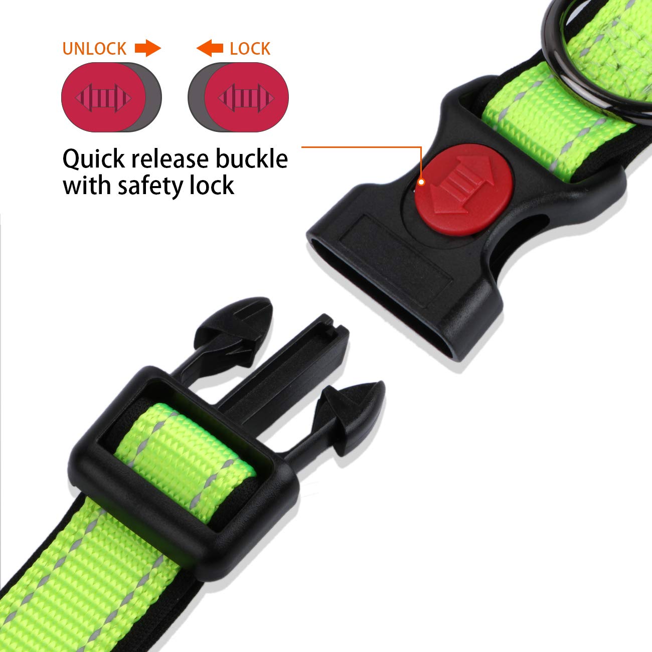 Rhea Rose Reflective Dog Collar - Soft Comfortable Neoprene Padded Nylon Collar for Small, Medium & Large Dogs | High Visibility Yellow-Green | Perfect for Night Walks & Outdoor Adventures