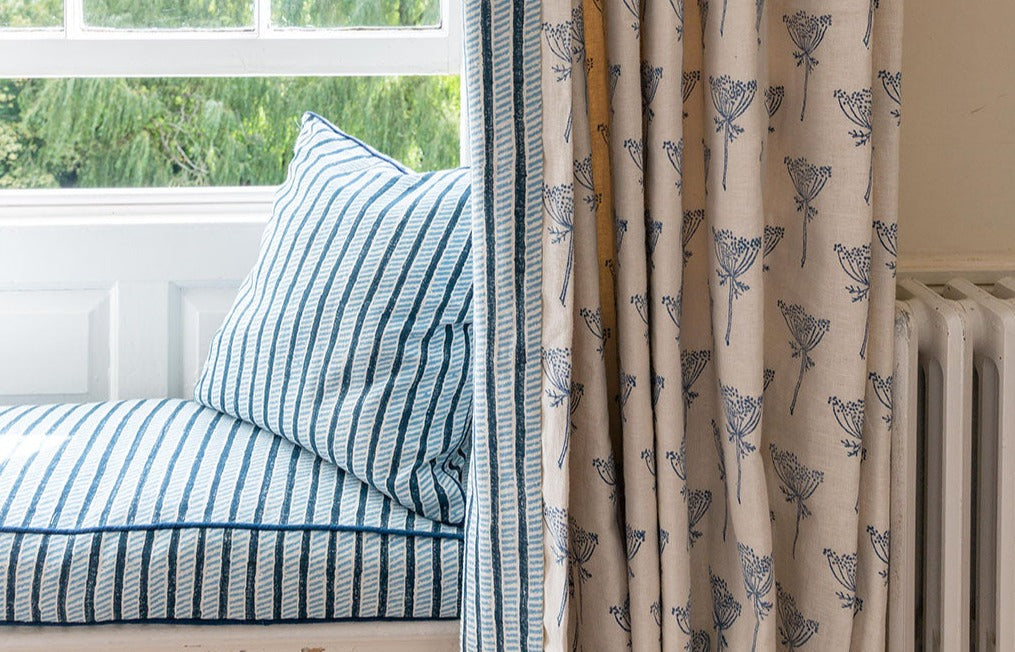 Premium Garden Path Block Printed Fabric - Linen/Cotton Blend in Midnight Blue & Sky Blue - Perfect for DIY Home Decor, Upholstery & Fashion Accessories