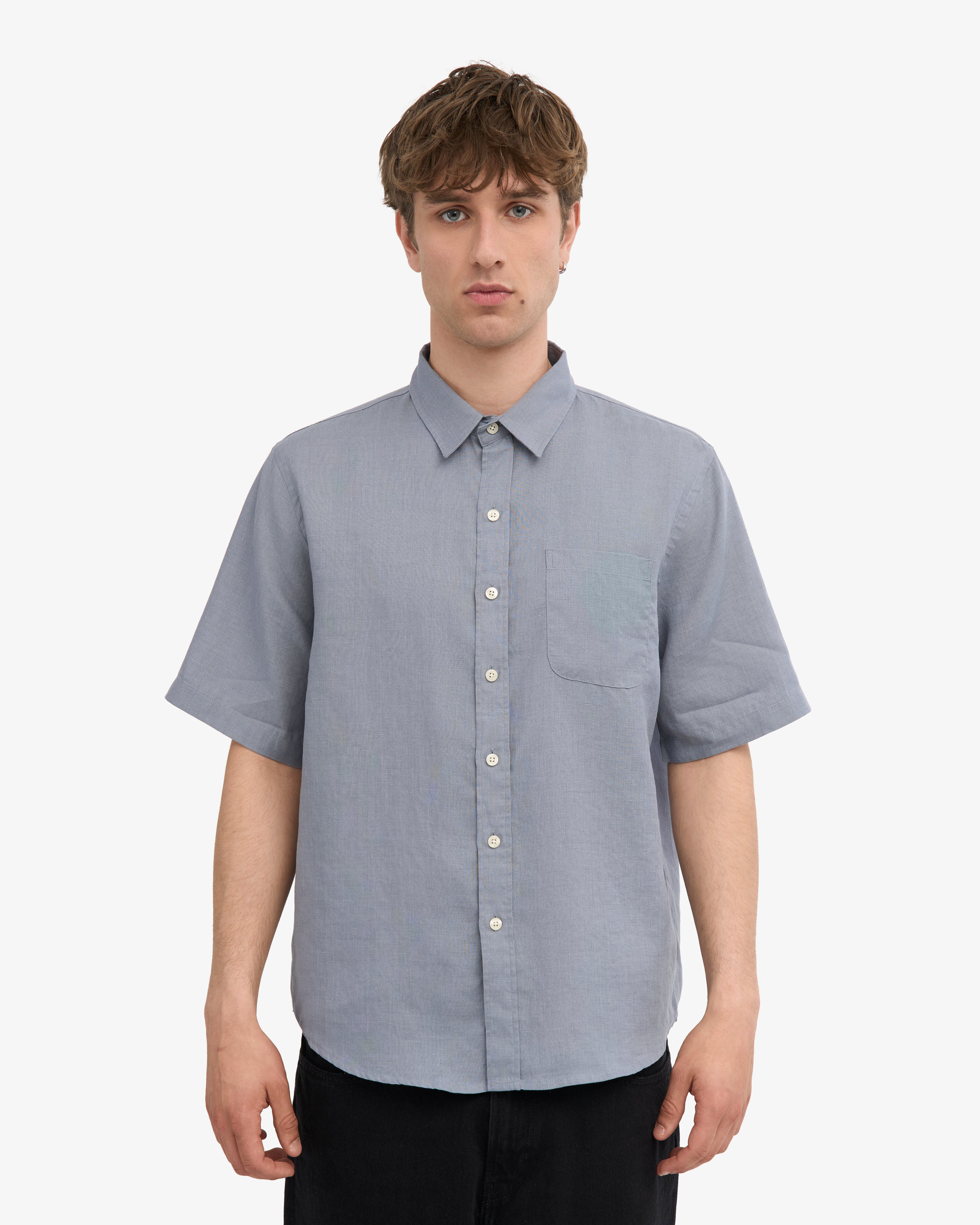 Premium Linen Short Sleeve Shirt for Men - Steel Blue | Breathable Summer Casual Wear for Outdoor & Office