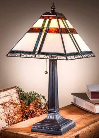 Small Tiffany Stained Glass Table Lamp - Brown Green Blue for Bedroom, Living Room & Office