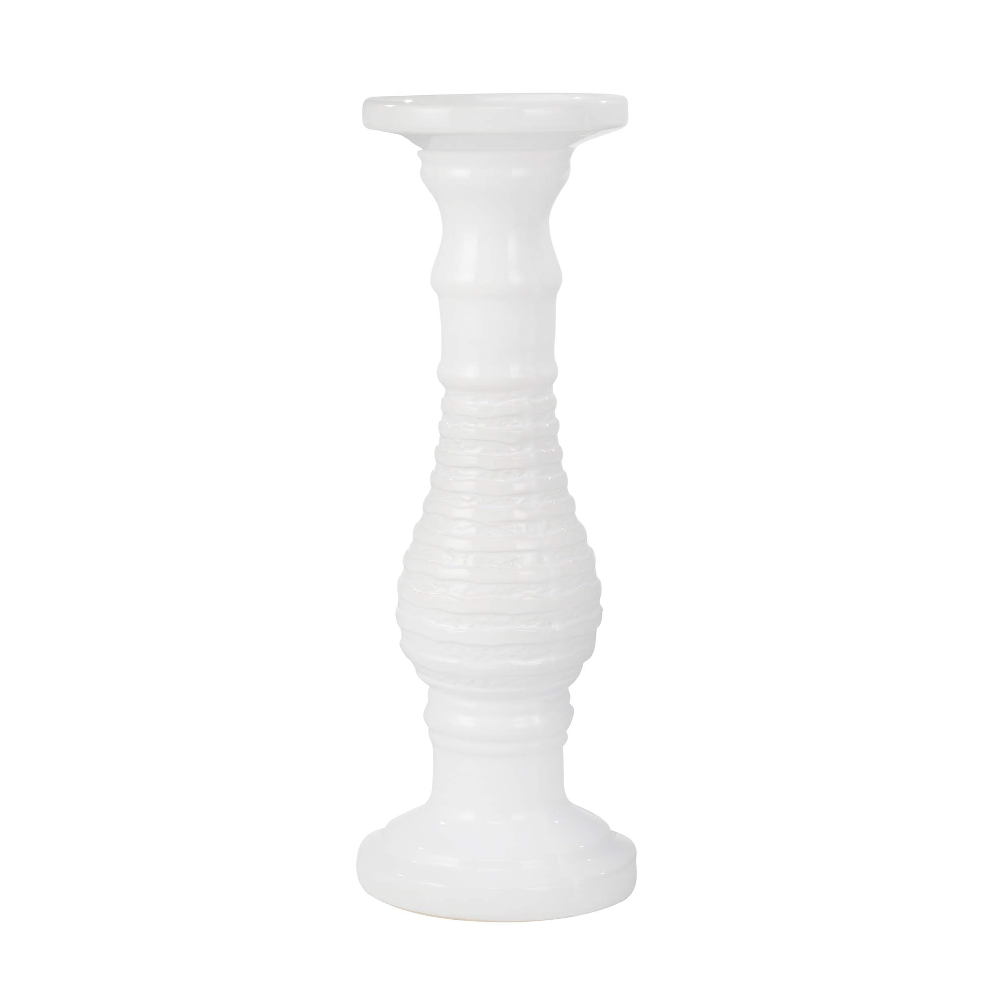 Sagebrook Home 18-Inch White Stripe Ceramic Candle Holder - Elegant Home Decor for Living Room, Bedroom, or Dining Table Centerpiece