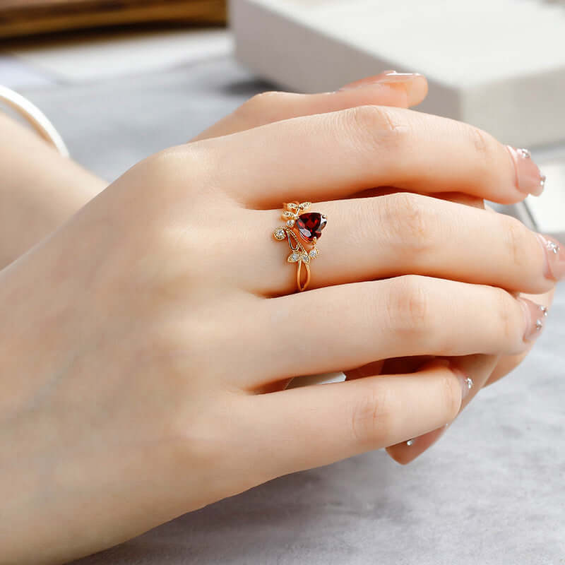 Red Garnet Heart Shaped Olive Branch Spiral Ring - Dainty Bohemian Jewelry for Women | Perfect for Valentine's Day, Anniversary Gifts & Boho Fashion Accessories