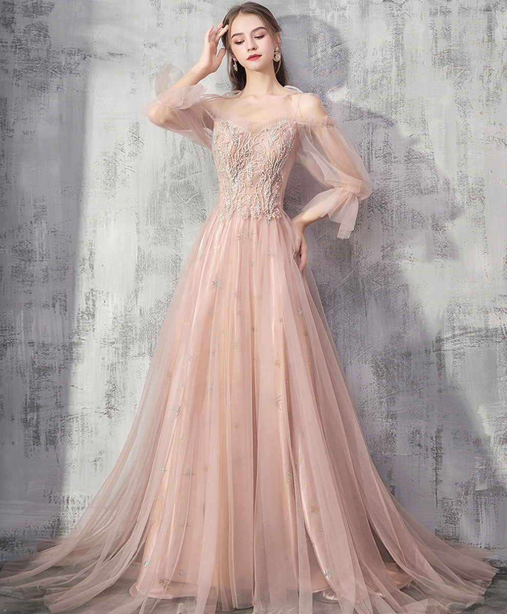 Elegant Champagne Tulle Lace Long Prom Dress for Formal Evening Events - Perfect for Homecoming, Quinceañera & Wedding Parties