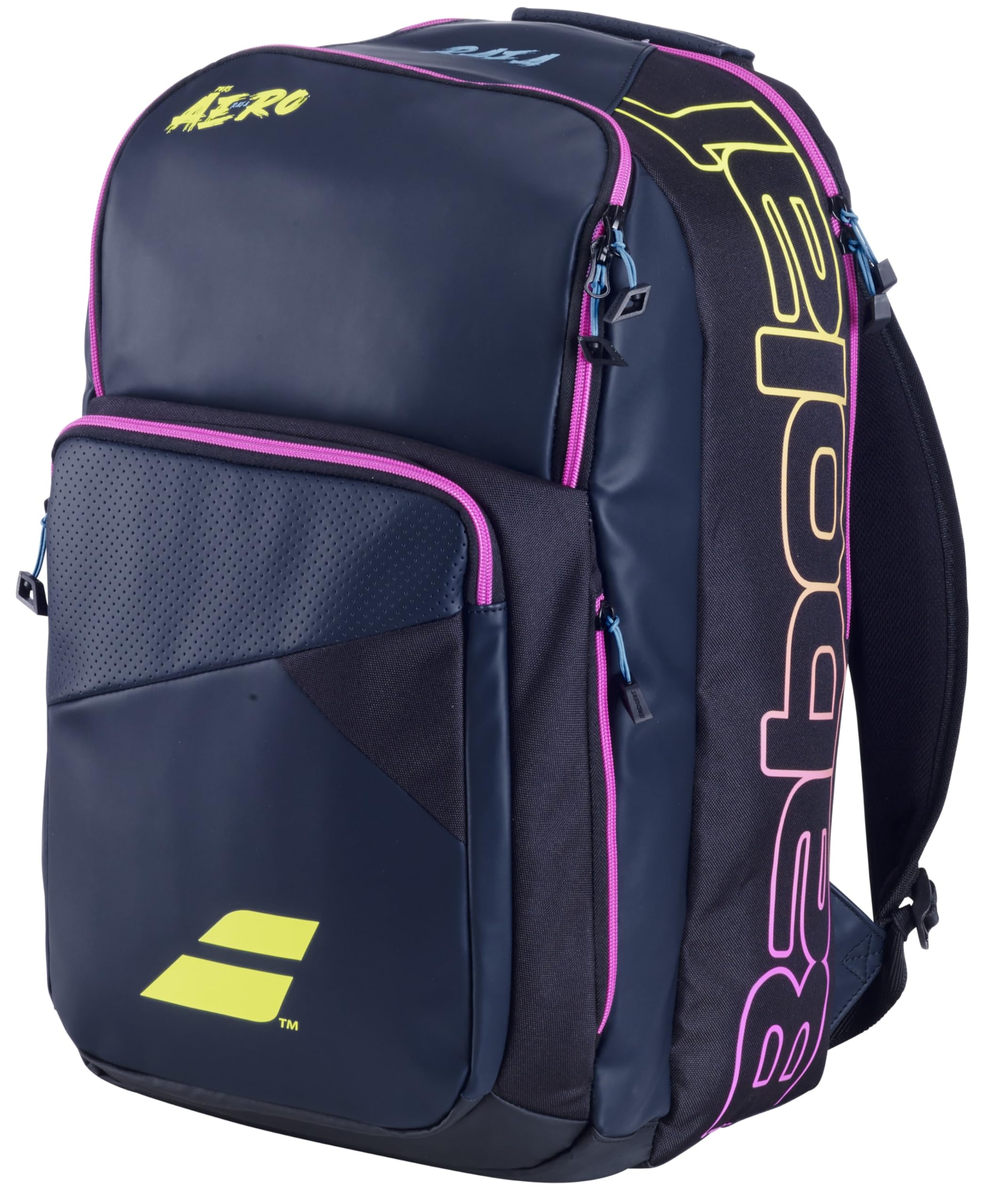 Babolat Pure Aero Rafa Tennis Backpack - Dark Navy/Yellow/Pink | Durable Tennis Gear Bag for Players & Fans | Perfect for Court, Gym & Travel