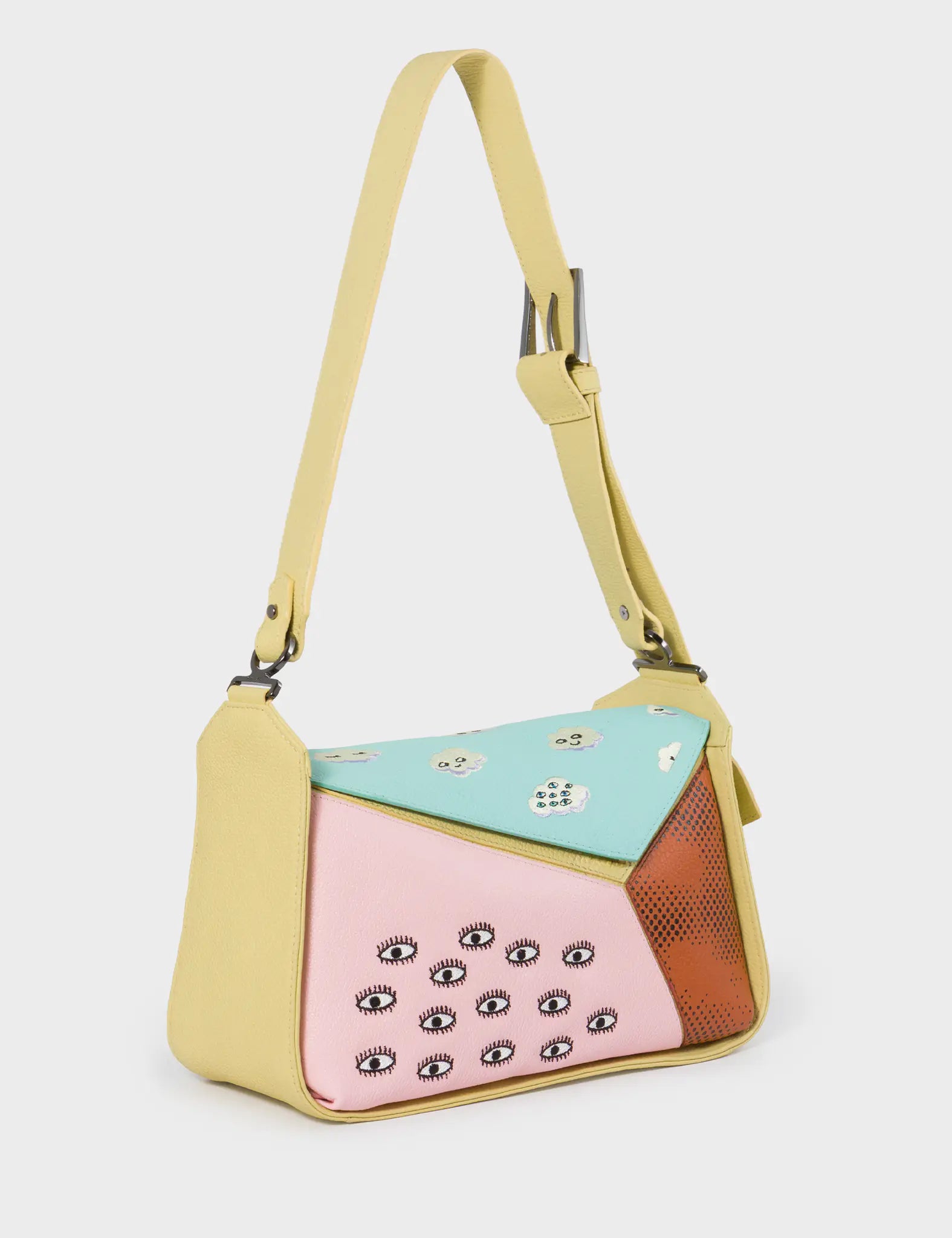 Houston Cocoon Leather Shoulder Bag with Happy Clouds Embroidery - Stylish Crossbody Purse for Women, Perfect for Work, Travel & Everyday Use