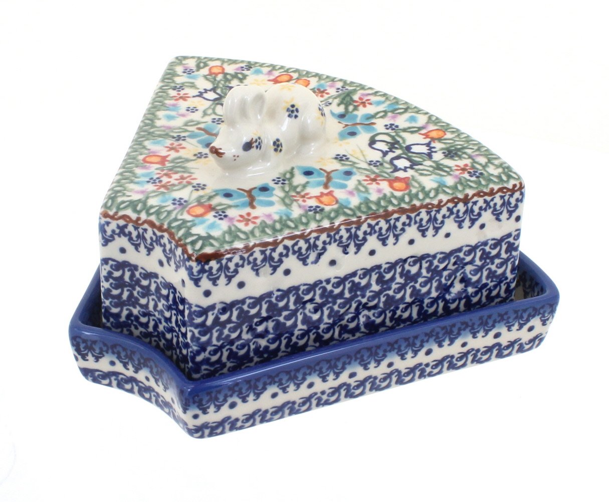 Blue Rose Polish Pottery Garden of Eden Cheese Dish with Mouse - Handcrafted Ceramic Cheese Plate for Entertaining, Weddings & Home Decor