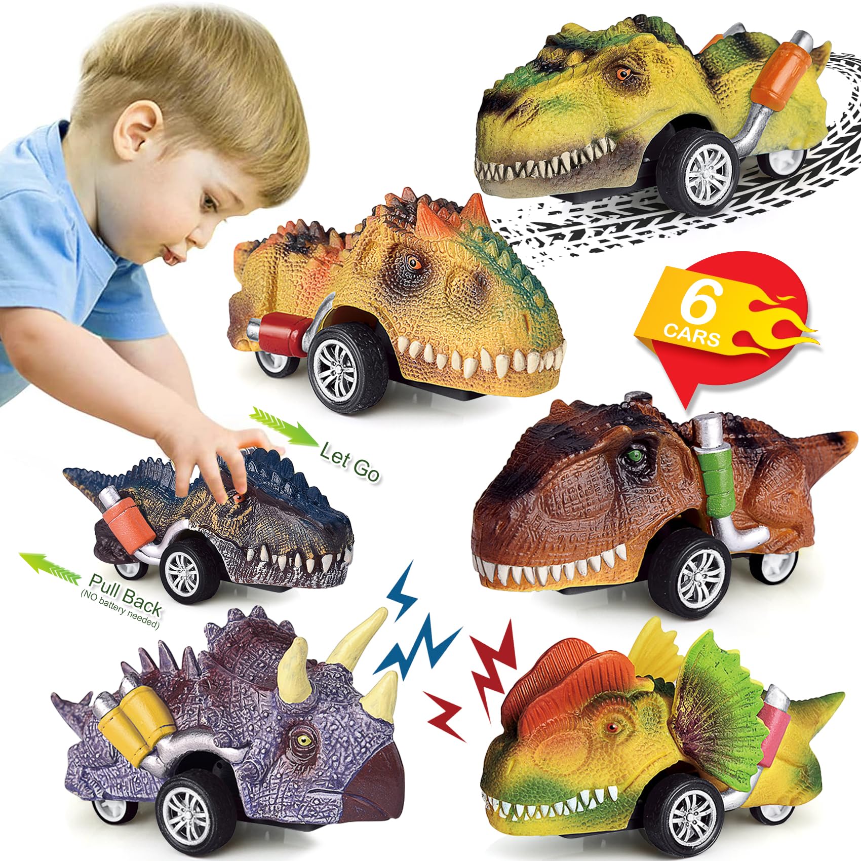Dinosaur Pull Back Cars Toy Set - 6 Pack Dino Toys for Kids Ages 3-5, Fun Dinosaur Race Cars for Toddler Boys & Girls, Best Birthday Gifts for 3-5 Year Olds - Perfect for Indoor Play, Preschool Learning & Imaginative Dinosaur Games