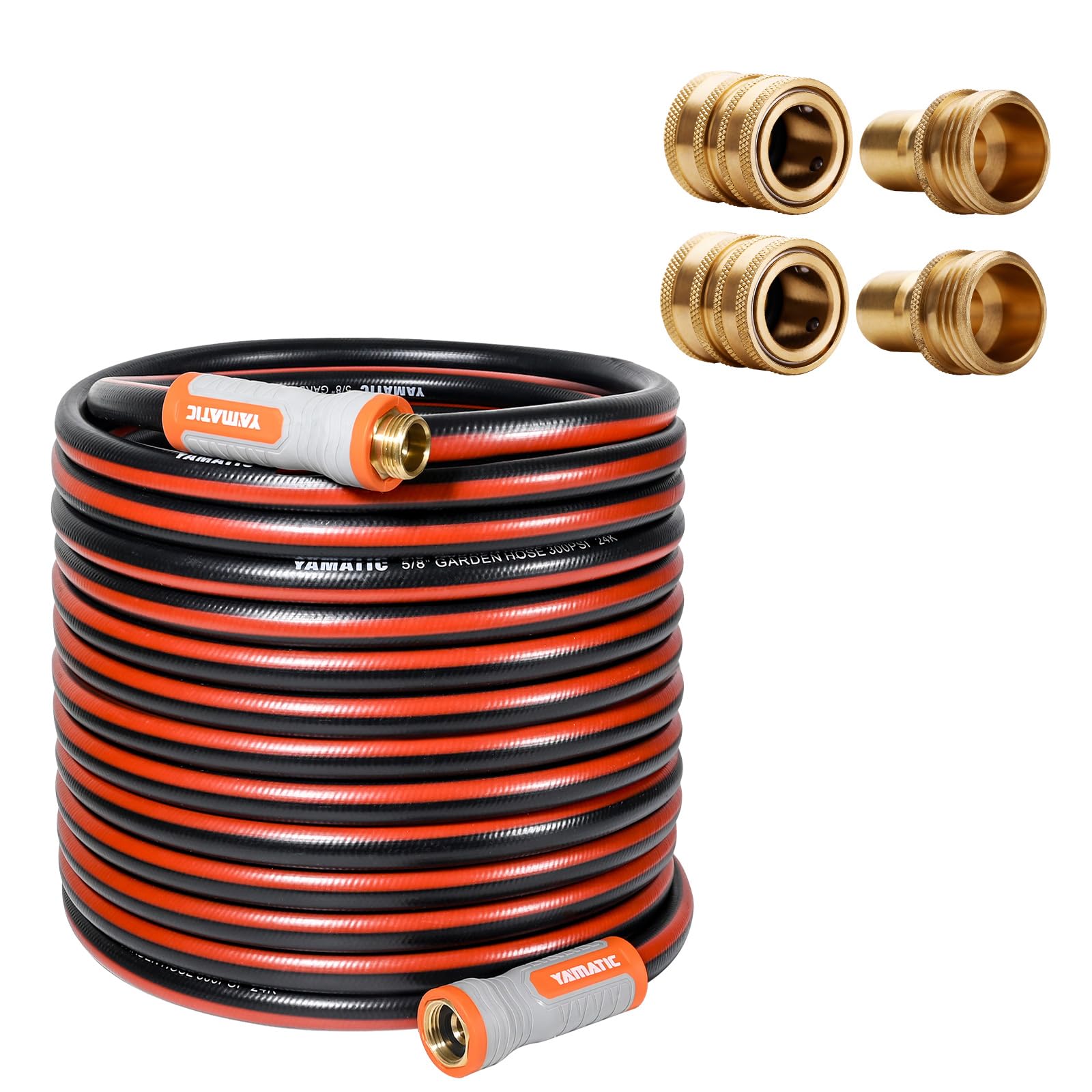 YAMATIC 5/8 Inch x 100 Feet Heavy Duty Garden Hose with Solid Brass Quick Connect Set - Perfect for Watering Lawns, Washing Cars, and Outdoor Cleaning